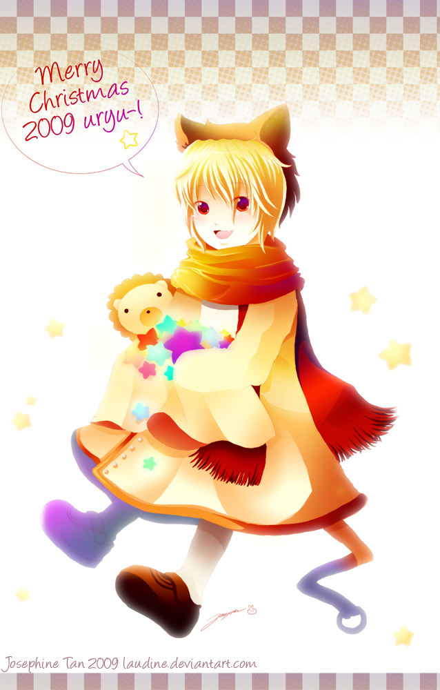 josephine tan, sakutarou (umineko), umineko no naku koro ni, 00s, animal ears, blonde hair, blush, hat, male focus, red eyes, scarf, short hair, smile, solo, star (symbol)