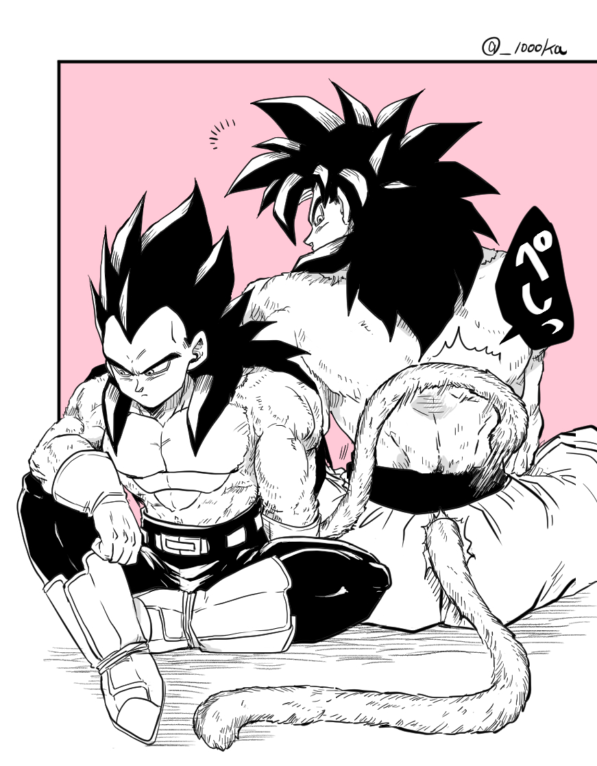 senka-san, son goku, vegeta, dragon ball, dragon ball gt, commentary request, 2boys, abs, body fur, boots, clothing cutout, furrowed brow, gloves, greyscale with colored background, indian style, male focus, monkey tail, motion lines, multiple boys, muscular, muscular male, pants, pink background, sitting, super saiyan, super saiyan 4, tail, tail through clothes, topless male, torn clothes, torn pants, twitter username