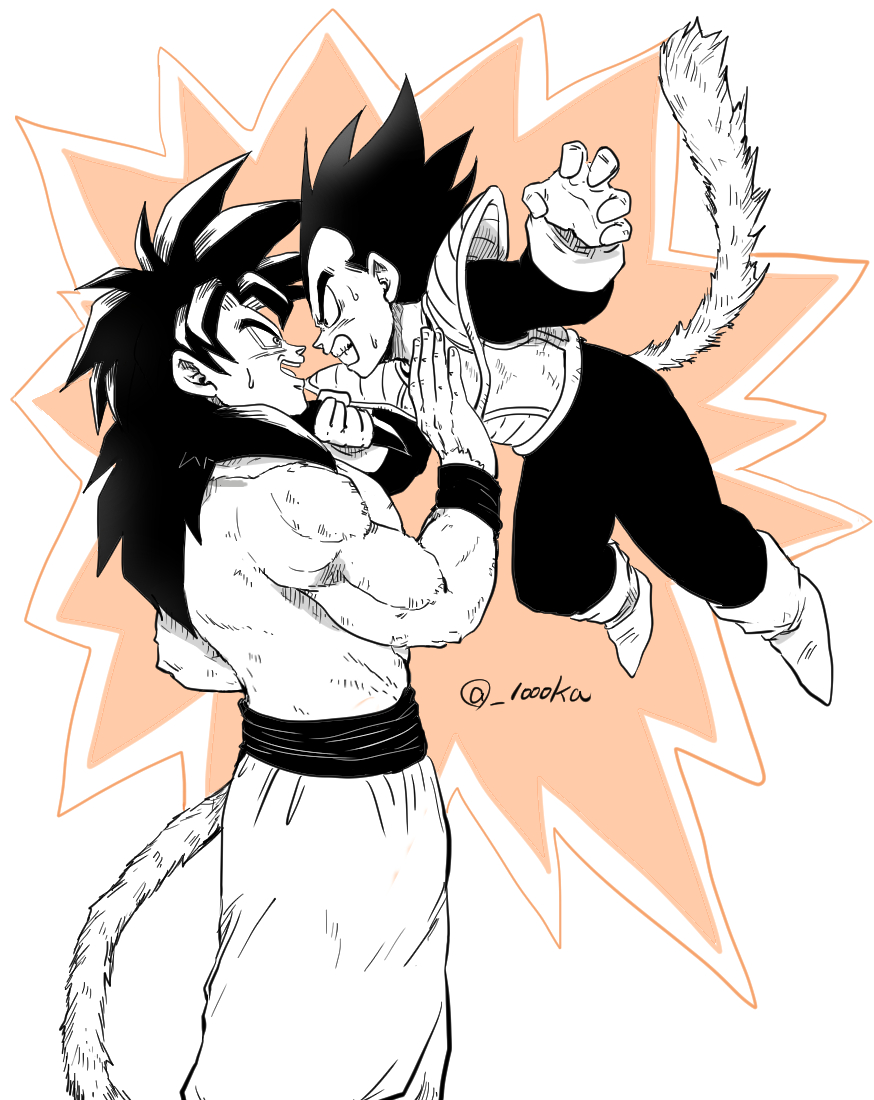 senka-san, son goku, vegeta, dragon ball, dragon ball gt, dragonball z, commentary request, 2boys, body fur, boots, clenched teeth, gloves, greyscale with colored background, male focus, monkey tail, multiple boys, open mouth, orange background, pants, saiyan armor, smile, super saiyan, super saiyan 4, sweatdrop, tail, teeth, time paradox, topless male, twitter username, wristband