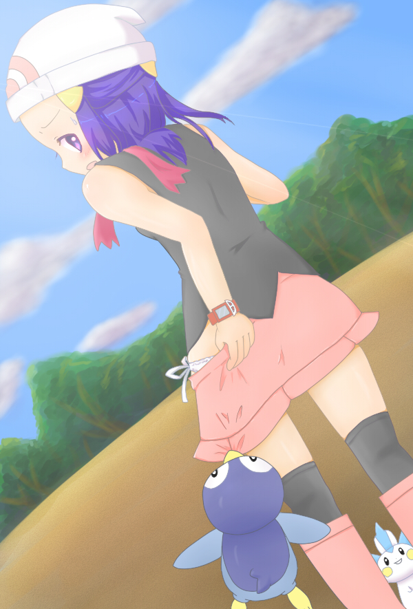 pikanchu, dawn (pokemon), pachirisu, piplup, nintendo, pokemon, 1girl, blue eyes, blue hair, boots, clothes pull, gen 4 pokemon, hat, panties, pink boots, pink skirt, pokemon (creature), poketch, side-tie panties, skirt, skirt pull, thighhighs, underwear, watch, wristwatch, zettai ryouiki