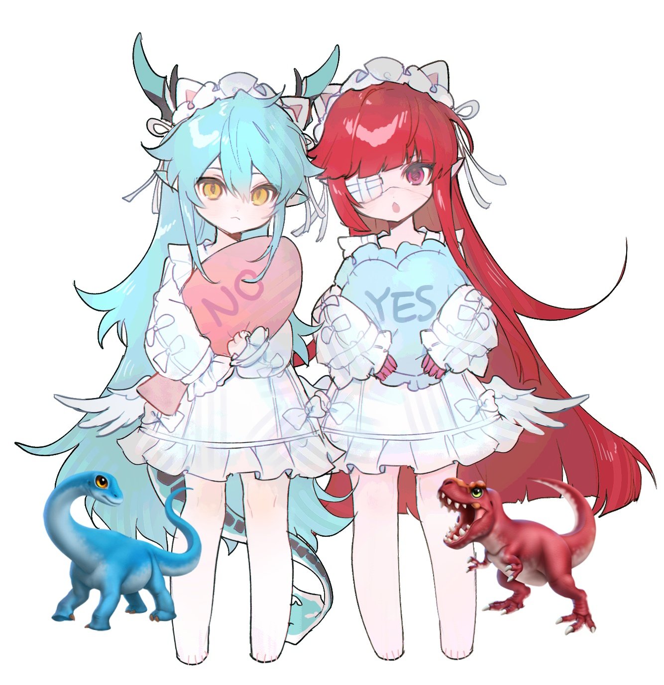 denif (elsword), rosso (elsword), elsword, commentary, highres, symbol-only commentary, 2boys, :<, :o, aged down, animal ears, asymmetrical sidelocks, barefoot, blue hair, blunt bangs, blunt ends, cat ears, closed mouth, colored extremities, crossdressing, crossdressing (mtf), dinosaur, dr2799, dragon boy, dragon horns, dragon tail, dress, emoji, fake animal ears, full body, hair between eyes, holding, holding pillow, horns, long hair, long sleeves, male focus, multiple boys, open mouth, pillow, red eyes, red hair, sidelocks, slit pupils, standing, tail, trap, very long hair, white dress, yellow eyes, yes-no pillow