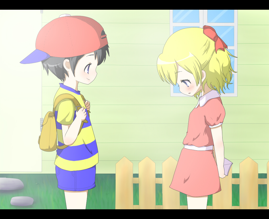 pikanchu, ness (mother 2), paula (mother 2), mother (series), mother 2, nintendo, 1boy, 1girl, backpack, bag, black hair, blonde hair, bow, child, couple, hair bow, letter, randoseru, shirt, striped clothes, striped shirt