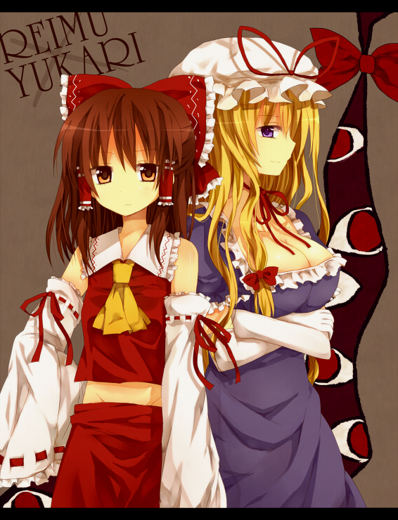 hinase haruka, hakurei reimu, yakumo yukari, touhou, bad id, bad pixiv id, 2girls, blonde hair, breasts, brown eyes, brown hair, character name, cleavage, female focus, gap (touhou), large breasts, multiple girls, purple eyes, small breasts