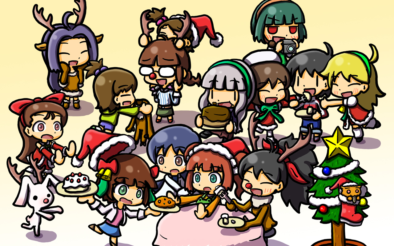 yuutousei, akizuki ritsuko, amami haruka, futami ami, futami mami, ganaha hibiki, hagiwara yukiho, hoshii miki, kikuchi makoto, kisaragi chihaya, minase iori, miura azusa, otonashi kotori, shijou takane, takatsuki yayoi, idolmaster, idolmaster (classic), ornament, 00s, 6+girls, animal costume, antlers, bell, book, cake, cat, chibi, christmas, christmas tree, everyone, food, hat, horns, multiple girls, pastry, plate, rabbit, reindeer costume, santa costume, santa hat, siblings, sisters, star (symbol), tinsel, twins