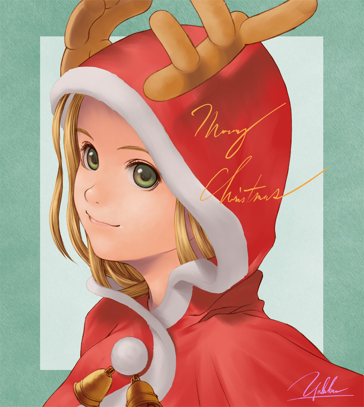 yukihiro, original, 1girl, antlers, bell, blonde hair, christmas, female focus, green eyes, hood, hoodie, horns, light smile, long hair, signature, smile, solo
