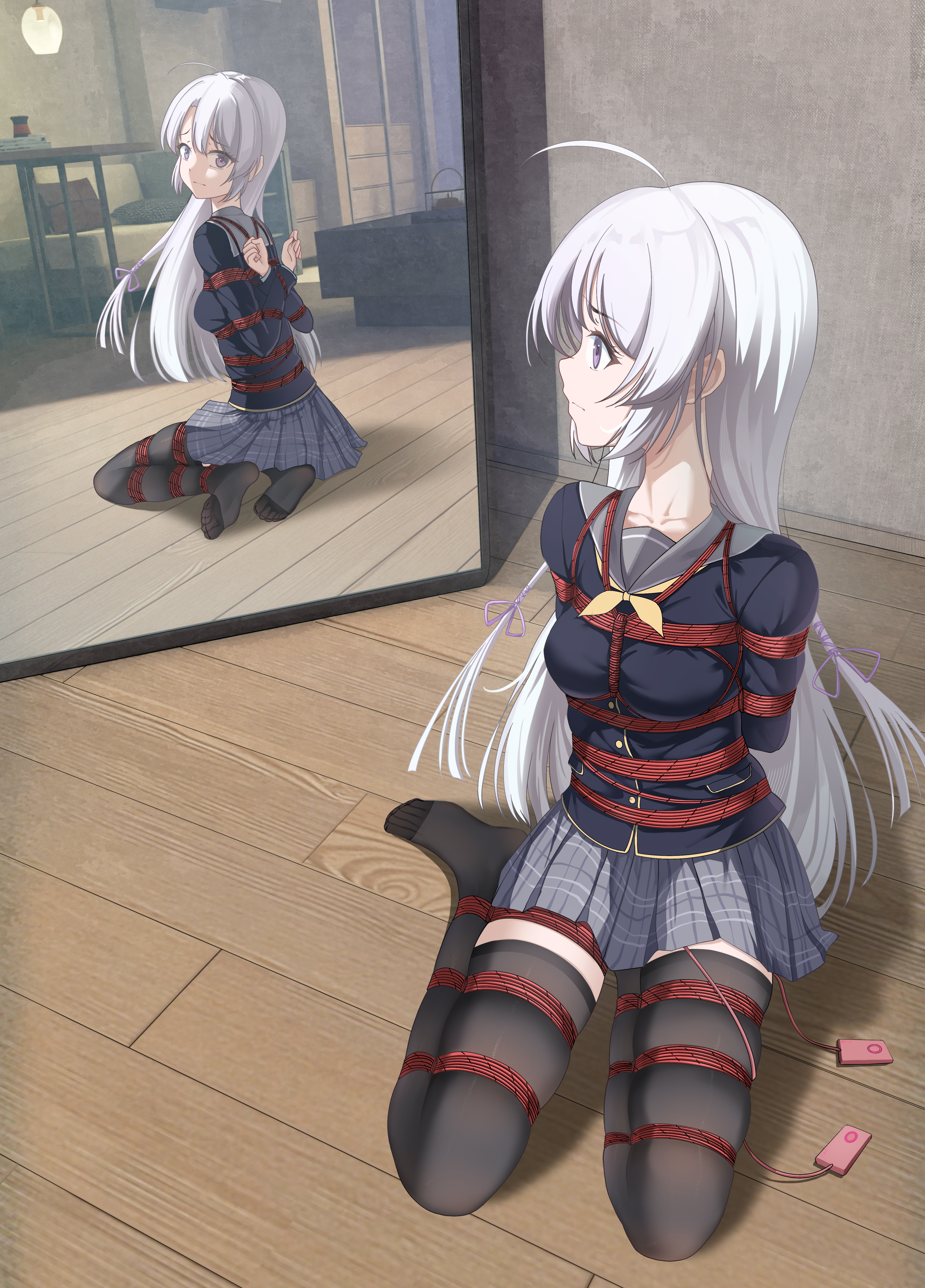 liangfangliangfangliang, ayachi nene, sanoba witch, absurdres, chinese commentary, commentary request, commission, highres, second-party source, 1girl, ahoge, arms behind back, bdsm, black jacket, black thighhighs, bondage, bound, bound arms, bound legs, bound thighs, bound torso, breasts, closed mouth, collarbone, feet, frown, full-length mirror, full body, furrowed brow, grey hair, grey sailor collar, grey skirt, hair ribbon, implied masturbation, indoors, jacket, long hair, long sleeves, looking at mirror, medium breasts, miniskirt, mirror, no shoes, on floor, plaid clothes, plaid skirt, pleated skirt, profile, purple eyes, purple ribbon, reflection, remote control vibrator, restrained, ribbon, sailor collar, school uniform, serafuku, sex toy, shibari, sidelocks, sitting, skirt, soles, solo, straight hair, thighhighs, thighs, toes, very long hair, vibrator, vibrator cord, wooden floor, yokozuwari, zettai ryouiki