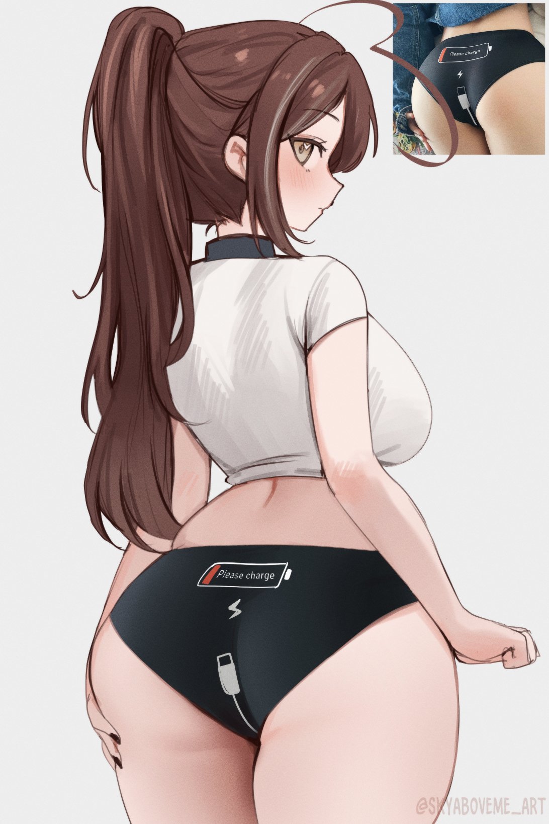 sky above me, sky above me (vtuber), indie virtual youtuber, commentary, english commentary, highres, ahoge, battery indicator, black panties, breasts, brown eyes, brown hair, from behind, hand on own ass, heart, heart ahoge, huge ahoge, large breasts, looking back, median furrow, panties, ponytail, reference inset, shirt, sidelocks, skindentation, underwear, virtual youtuber, white shirt