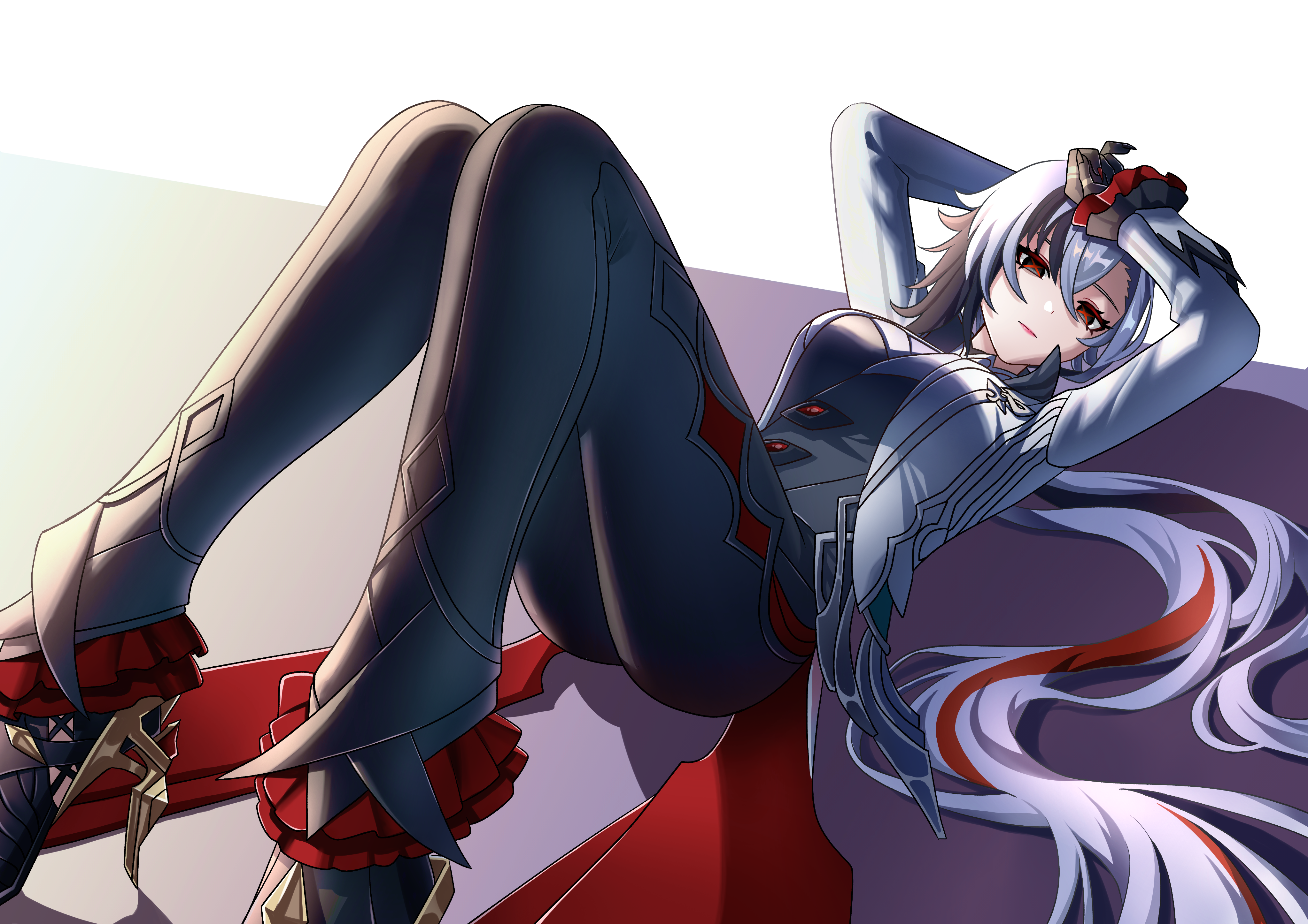 arlecchino (genshin impact), genshin impact, absurdres, commentary request, highres, 1girl, arm behind head, arms up, black eyes, black hair, black hands, black pants, breasts, closed mouth, coat, colored extremities, feet out of frame, grey coat, hair between eyes, high heels, knees up, large breasts, long hair, long sleeves, looking at viewer, lying, multicolored hair, on back, otiba n, pants, red hair, red pupils, simple background, solo, streaked hair, symbol-shaped pupils, two-tone background, very long hair, white hair, x-shaped pupils