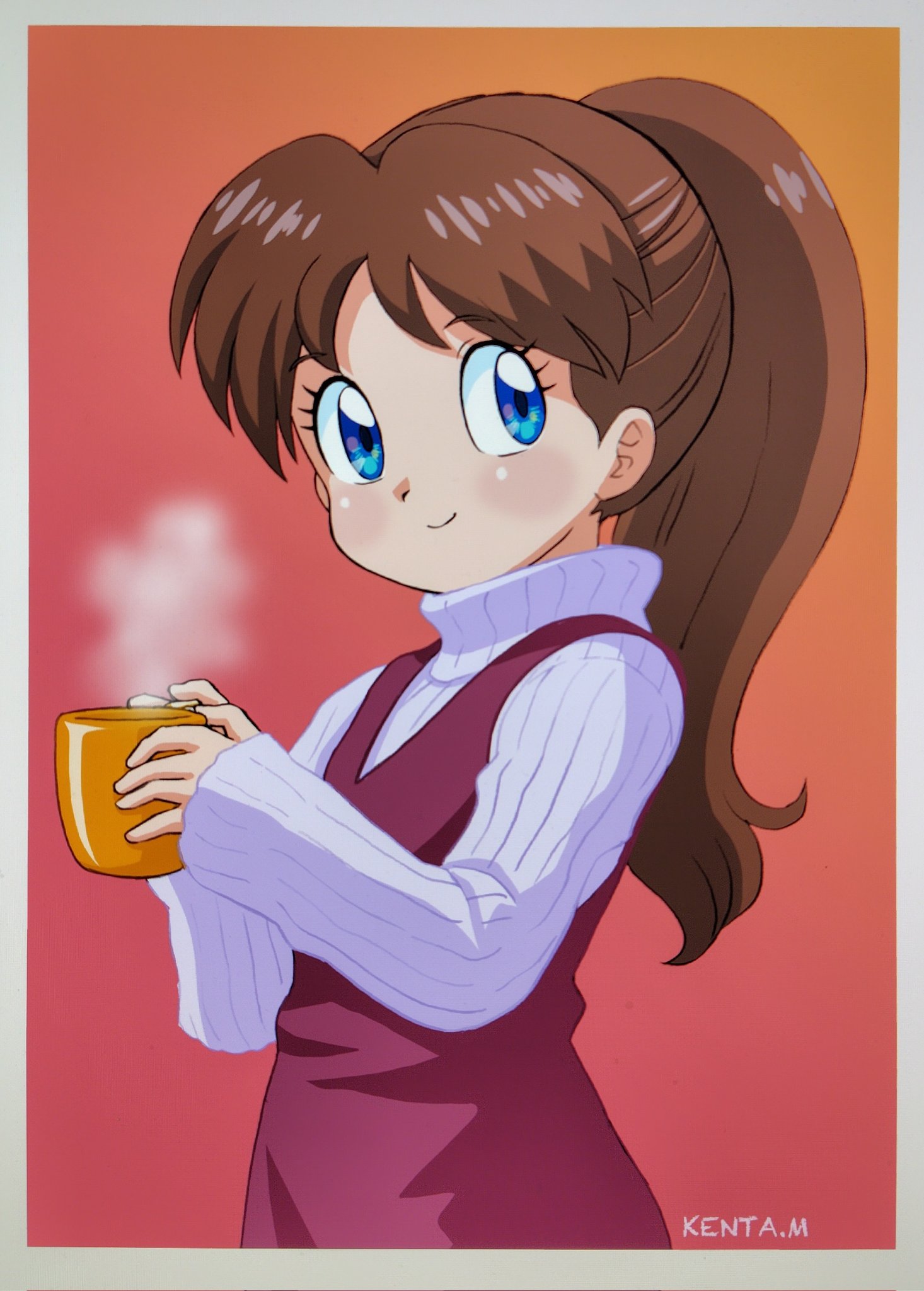 mizutani kenta, heike ibuki, genji tsuushin agedama, commentary request, highres, 1girl, artist name, blue eyes, border, brown hair, closed mouth, cup, dress, hands up, holding, holding cup, long hair, long sleeves, mug, pinafore dress, ponytail, red dress, ribbed sweater, sideways glance, sleeveless, sleeveless dress, sleeves past wrists, smile, solo, steam, sweater, turtleneck, turtleneck sweater, upper body, white border, white sweater