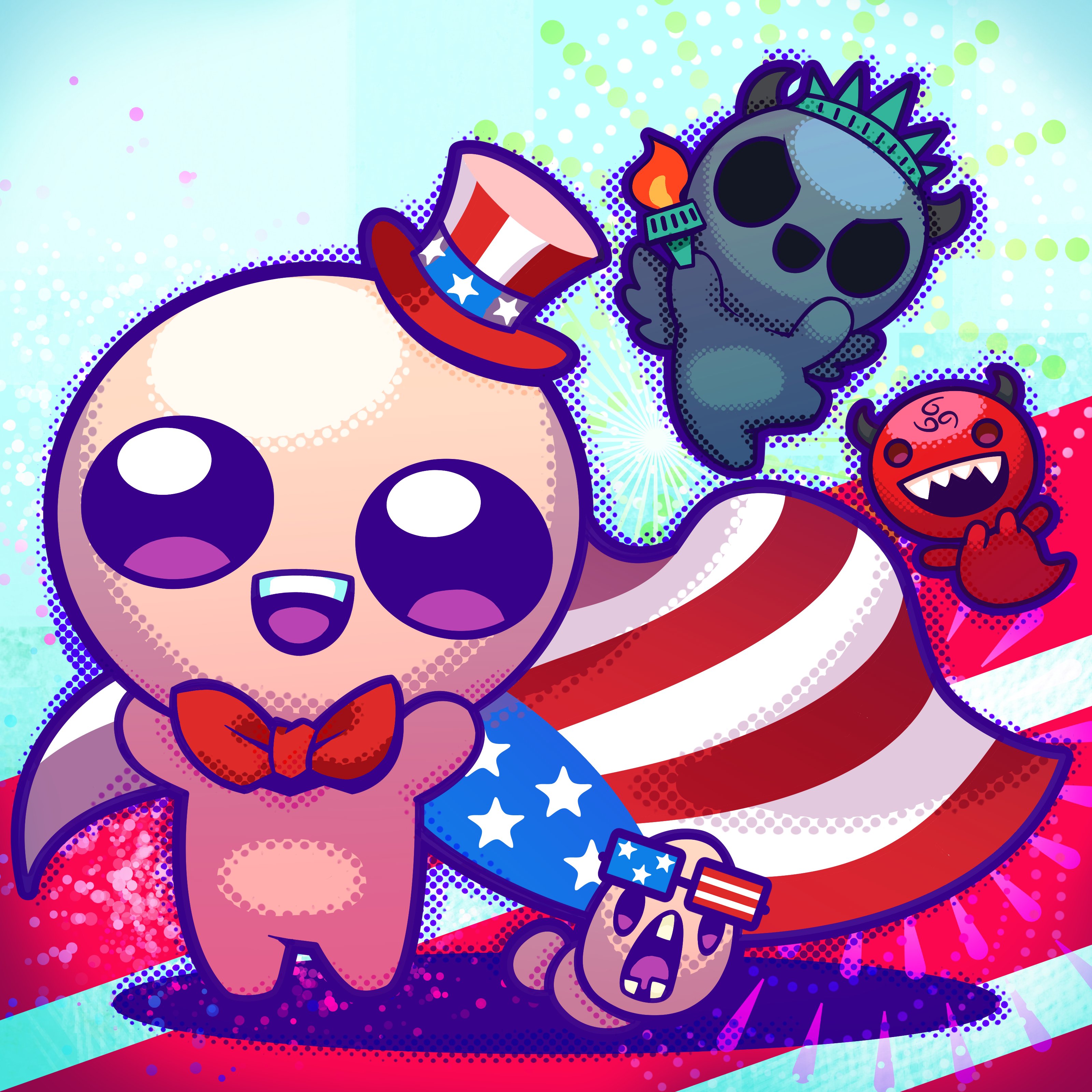 apollyon (the binding of isaac), charger (the binding of isaac), isaac (the binding of isaac), statue of liberty, the binding of isaac, absurdres, artist request, commentary, english commentary, highres, official art, second-party source, 3boys, 666, :d, abstract background, american flag, bald, black eyes, black horns, black mouth, black wings, bow, bowtie, colored skin, crown, demon, demon boy, diagonal-striped background, eyewear on head, fire, fireworks, flag as cape, fourth of july, full body, green crown, grey skin, halftone, hat, holding, holding torch, horns, july, legs apart, loki (the binding of isaac), looking at viewer, missing tooth, multiple boys, no nose, open mouth, outstretched arms, pointed crown, print hat, rectangular eyewear, red bow, red bowtie, red eyes, red hat, red skin, red wings, sharp teeth, smile, solid circle eyes, spread arms, standing, star (symbol), star print, striped background, striped hat, sun, teeth, thick lips, tilted headwear, tongue, toon (style), tooth gap, top hat, torch, two-tone hat, upper teeth only, v-shaped eyes, vertical-striped hat, white hat, wings