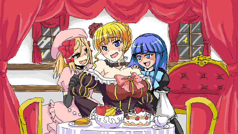 youshuu, beatrice (umineko), frederica bernkastel, lambdadelta, umineko no naku koro ni, 00s, blonde hair, blue hair, blush, bug, butterfly, cake, dress, food, pink dress, undressing