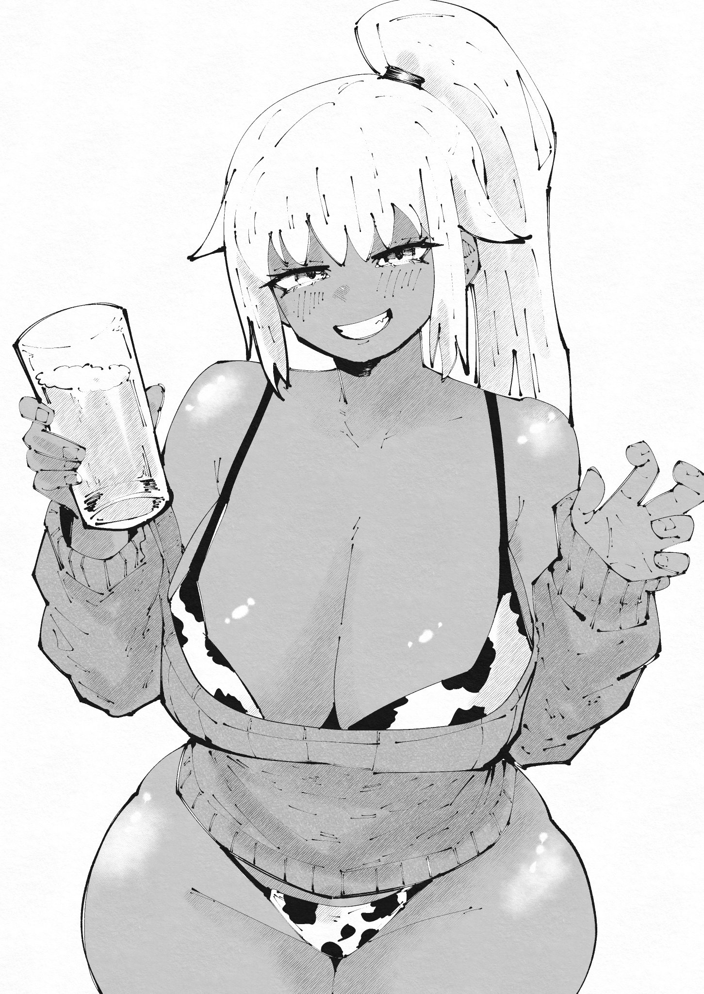 miregeist, original, commentary, commission, english commentary, highres, 1girl, animal print, bikini, breasts, choppy bangs, cleavage, cow print, cow print bikini, cowboy shot, cup, curvy, dark-skinned female, dark skin, drinking glass, greyscale, grin, half-closed eyes, hands up, holding, holding cup, large breasts, long hair, long sleeves, looking at viewer, monochrome, off-shoulder sweater, off shoulder, ponytail, print bikini, simple background, smile, solo, sweater, swimsuit, white background, wide hips
