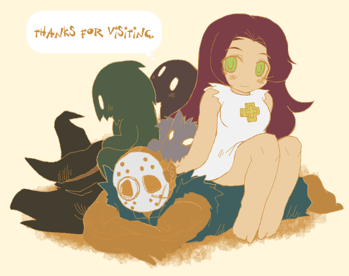 jennifer willis, rick taylor, namco, splatterhouse, 1boy, 1girl, bald, blush, brown hair, cross, dark-skinned male, dark skin, green eyes, long hair, looking at viewer, lying, mask, on floor, on stomach, simple background, sitting, sitting on person, torn clothes