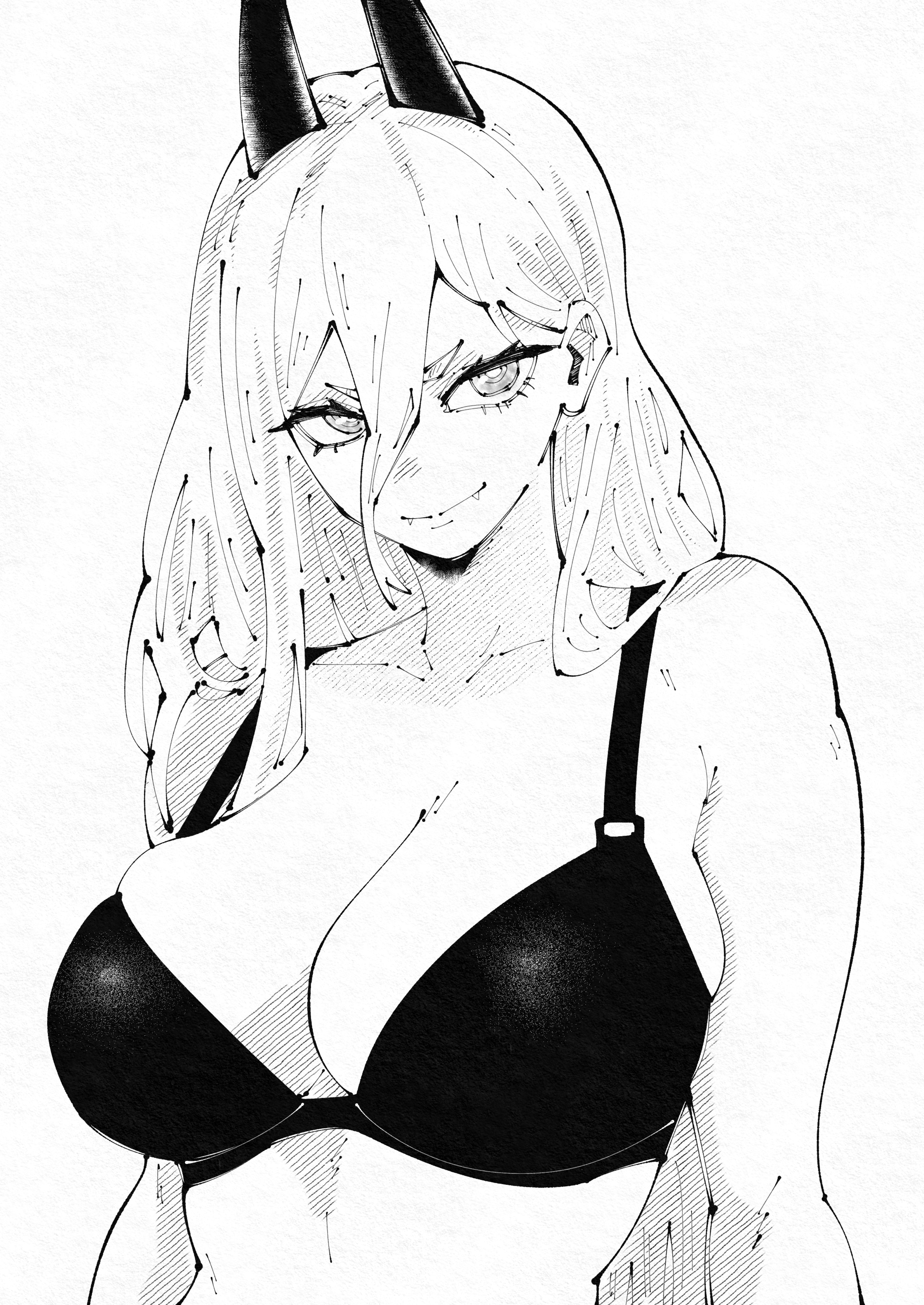 miregeist, power (chainsaw man), chainsaw man, absurdres, commentary, highres, 1girl, alternate breast size (larger), bra, breasts, cleavage, closed mouth, collarbone, demon girl, demon horns, double-parted bangs, fangs, fangs out, greyscale, hair between eyes, hatching (texture), horns, large breasts, linear hatching, long hair, looking at viewer, monochrome, simple background, smile, solo, underwear, underwear only, upper body, white background