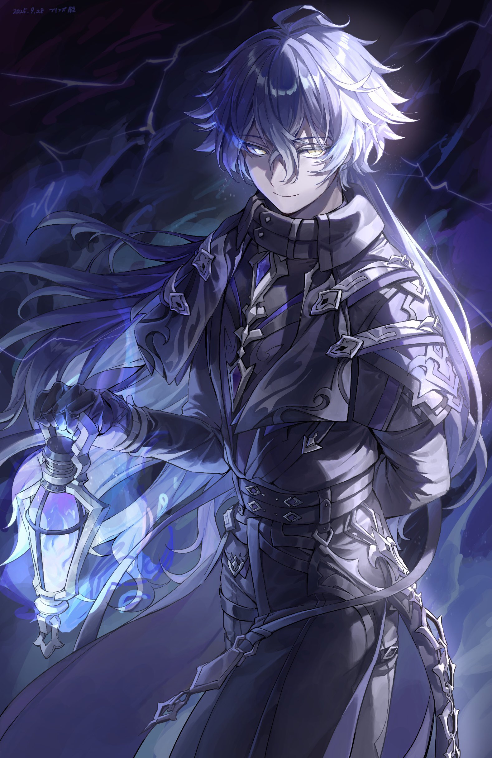 coppepan, flins (genshin impact), genshin impact, absurdres, commentary request, highres, 1boy, arm behind back, belt, black belt, black capelet, black coat, black gloves, black pants, blue fire, blue hair, capelet, closed mouth, coat, collared capelet, cowboy shot, crossed bangs, dated, electricity, fire, gloves, hair between eyes, holding, holding lantern, lantern, long hair, long sleeves, looking at viewer, male focus, multiple belts, pants, smile, solo, yellow eyes