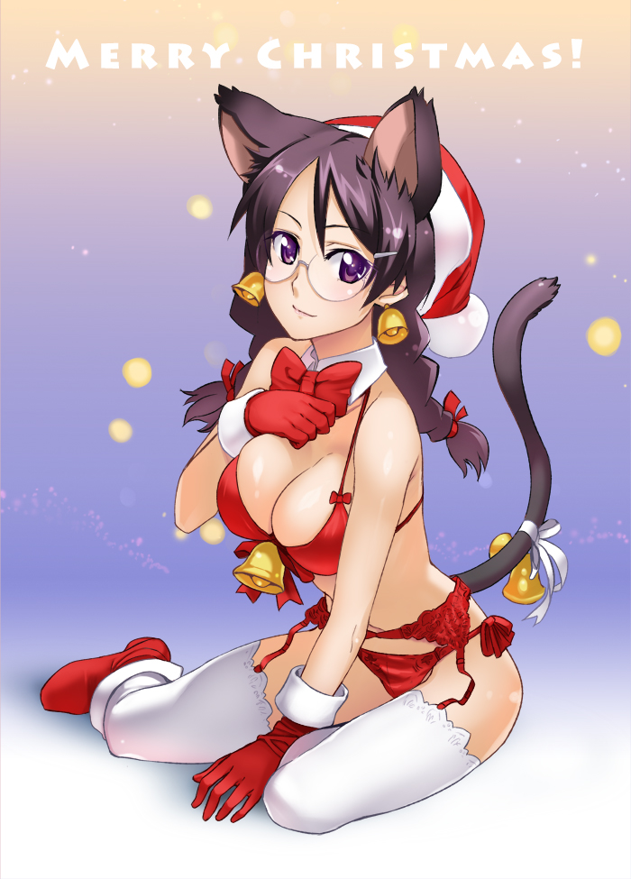 inue shinsuke, hanekawa tsubasa, bakemonogatari, monogatari (series), nekomonogatari, 00s, 10s, 1girl, animal ears, bell, bell earrings, bra, braid, breasts, cat ears, cat tail, christmas, cleavage, earrings, female focus, garter belt, glasses, gloves, hair ornament, hairclip, hat, jewelry, large breasts, light smile, lingerie, panties, purple eyes, purple hair, red gloves, santa hat, shiny skin, sitting, skindentation, solo, tail, thighhighs, twin braids, underwear, underwear only