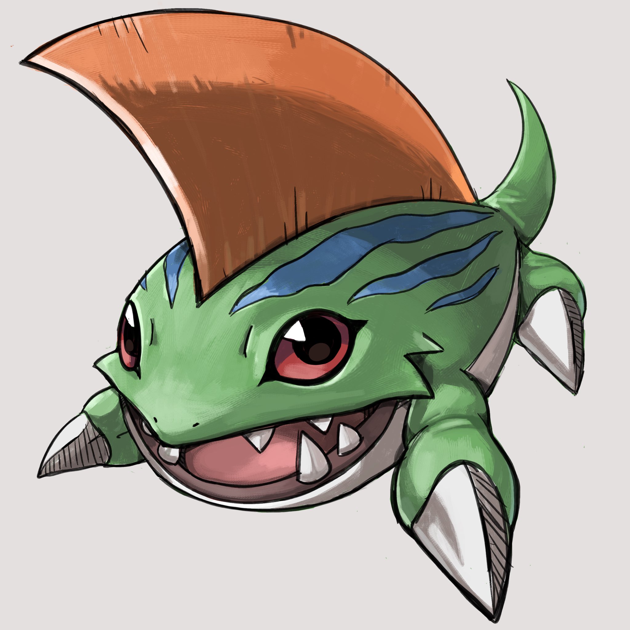 qkranks, betamon, digimon, commentary, highres, digimon (creature), fins, full body, grey background, no humans, red eyes, sharp teeth, simple background, solo, teeth, white background