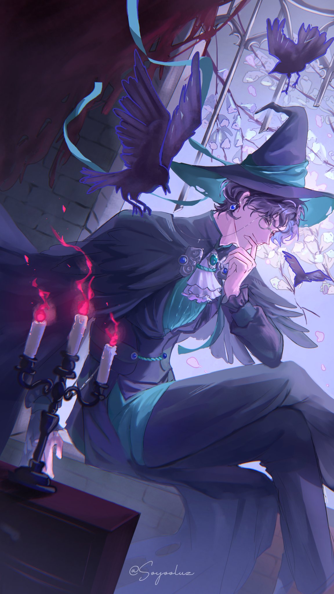 amon (lord of the mysteries), lord of the mysteries, commentary, english commentary, highres, 1boy, ascot, bird, black bird, black capelet, black coat, black hair, black hat, black pants, black vest, branch, brooch, candelabra, candle, candlestand, capelet, cherry blossoms, coat, crossed legs, crow, curtains, dutch angle, earrings, falling petals, feet out of frame, from side, gem, green shirt, hand on own chin, hat, indoors, jewelry, long sleeves, looking at viewer, male focus, monocle, monocle chain, pants, petals, shirt, short hair, signature, sitting, solo, soyooluz, torn curtains, vest, white ascot, window, witch hat