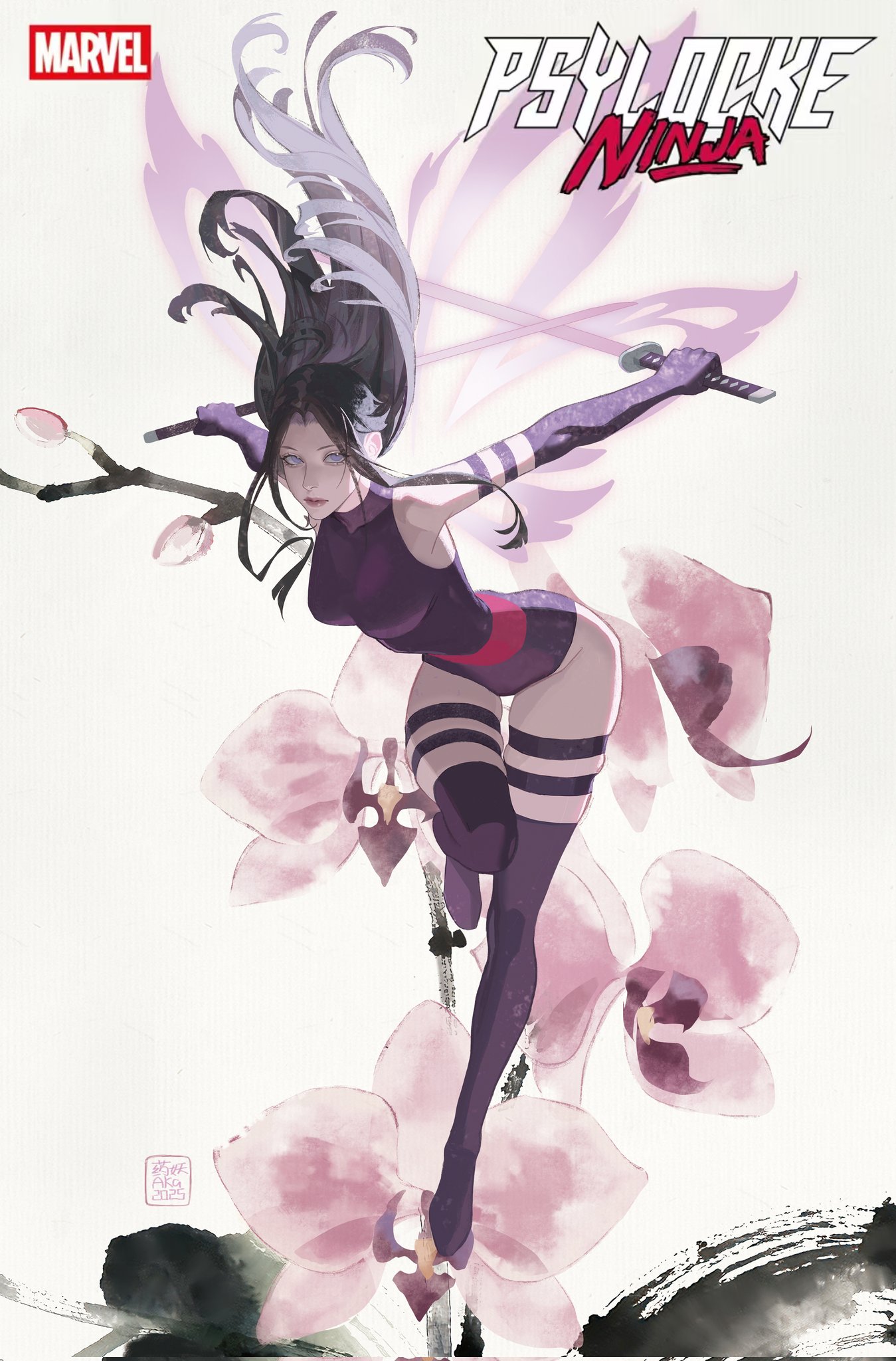 yaoyao794, psylocke, marvel, x-men, highres, 1girl, black hair, breasts, elbow gloves, gloves, highleg, highleg leotard, holding, holding sword, holding weapon, large breasts, leotard, long hair, looking at viewer, purple eyes, sash, solo, superhero costume, sword, thighhighs, weapon