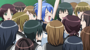 senou natsuru, kampfer, screencap, animated, animated gif, lowres, 00s, 6+girls, arms up, awkward, blue hair, closed eyes, green eyes, indoors, long hair, looking at another, multiple girls, open mouth, ponytail, school uniform, shiny skin, short hair, short ponytail, short sleeves, smile, spinning, standing, upper body