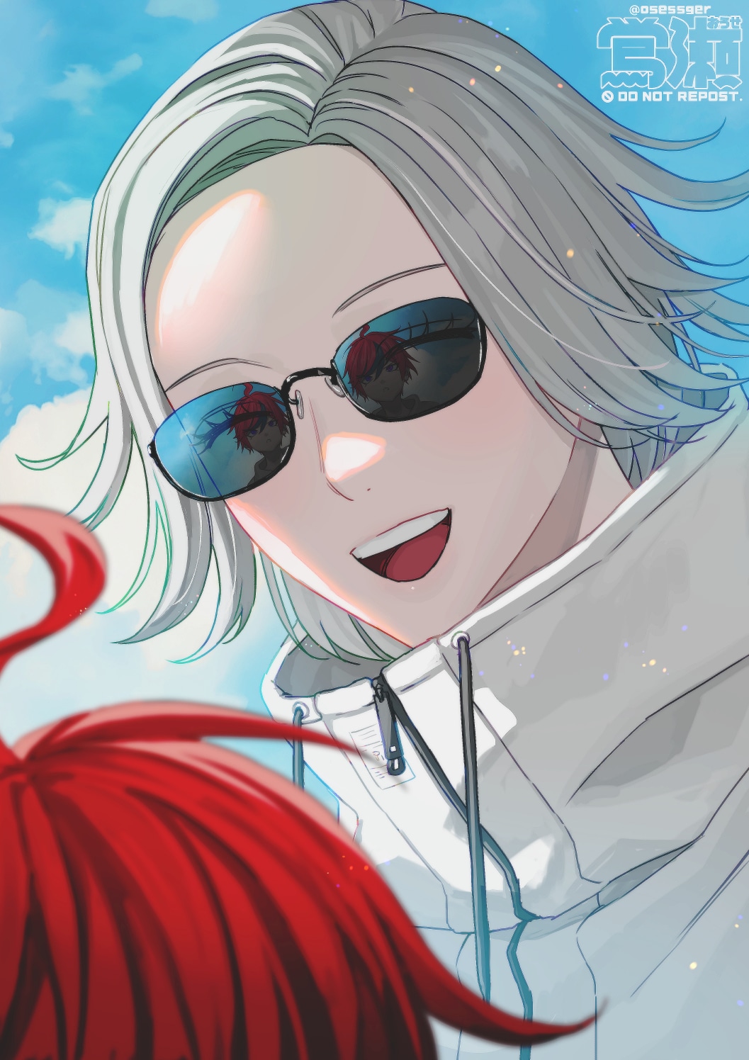 ouse (otussger), aotsuki eito, sumino takumi, the hundred line -last defense academy-, commentary, highres, 2boys, :d, ^ ^, ahoge, black streaks, closed eyes, cloud, cloudy sky, drawstring, facing another, glasses, grey hair, jacket, male focus, multicolored hair, multiple boys, open mouth, red hair, reflective eyewear, short hair, sky, smile, streaked hair, teeth, twitter username, two-tone hair, upper teeth only, watermark, white jacket, zipper pull tab