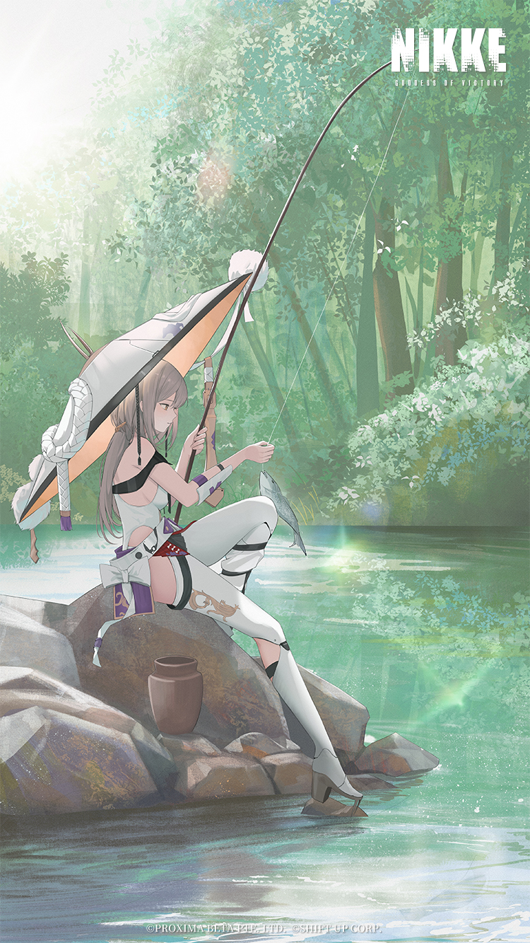 scarlet (nikke), goddess of victory: nikke, highres, 1girl, breasts, closed mouth, day, fish, fishing, fishing rod, forest, from side, grey hair, hat, high heels, holding, holding fishing rod, knee up, large breasts, leotard, long hair, nature, off shoulder, on rock, outdoors, pond, sitting, skile, smile, straw hat, watermark, white leotard, yellow eyes