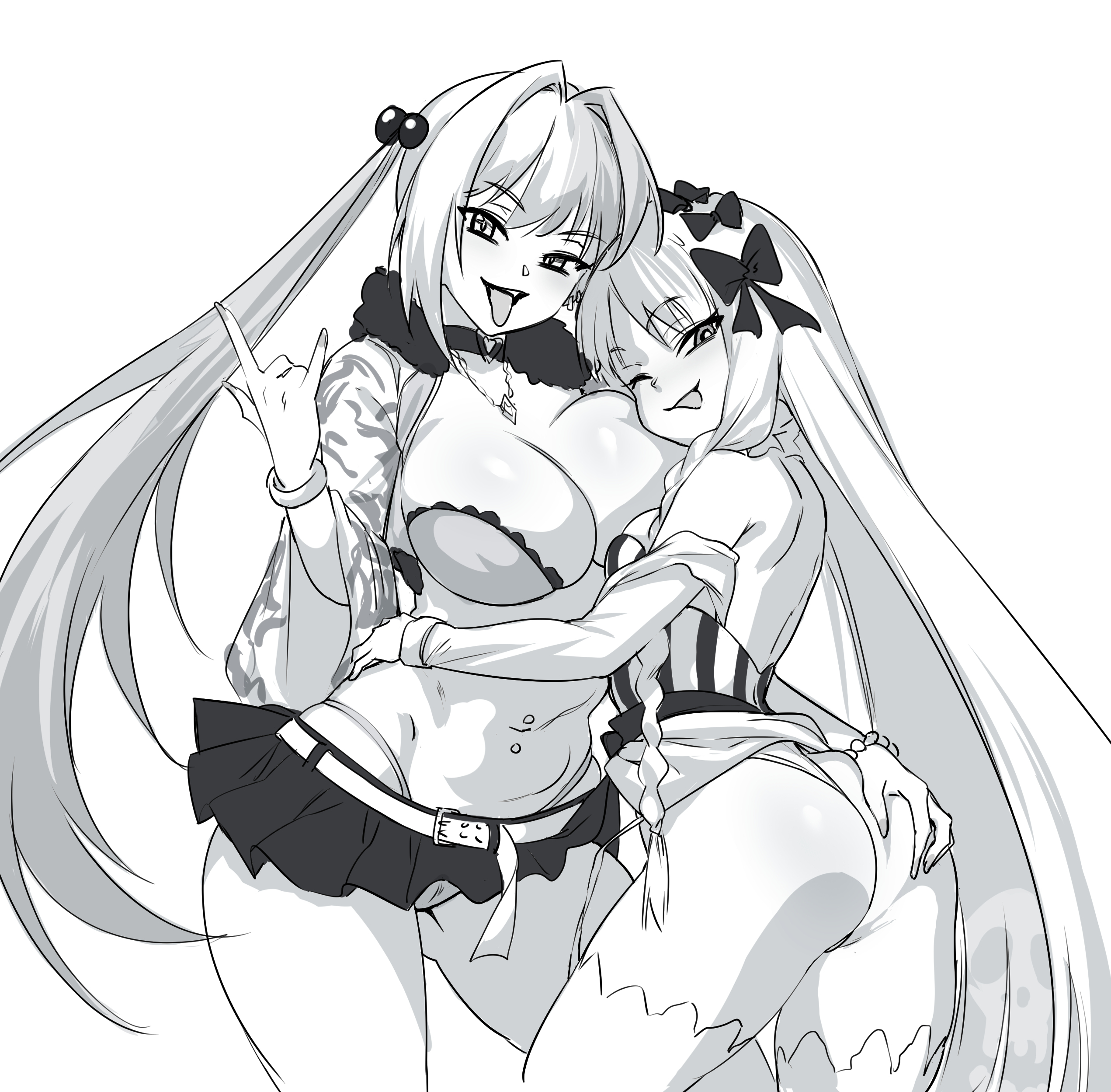 das (dan dan), francesca prelati (fate), matsunaga hisahide (fate), fate/grand order, fate/strange fake, fate (series), absurdres, highres, 2girls, ass, breasts, greyscale, hand up, highleg, highleg panties, large breasts, long hair, looking at viewer, microskirt, monochrome, multiple girls, navel, one eye closed, panties, skirt, smile, tongue, tongue out, twintails, underwear