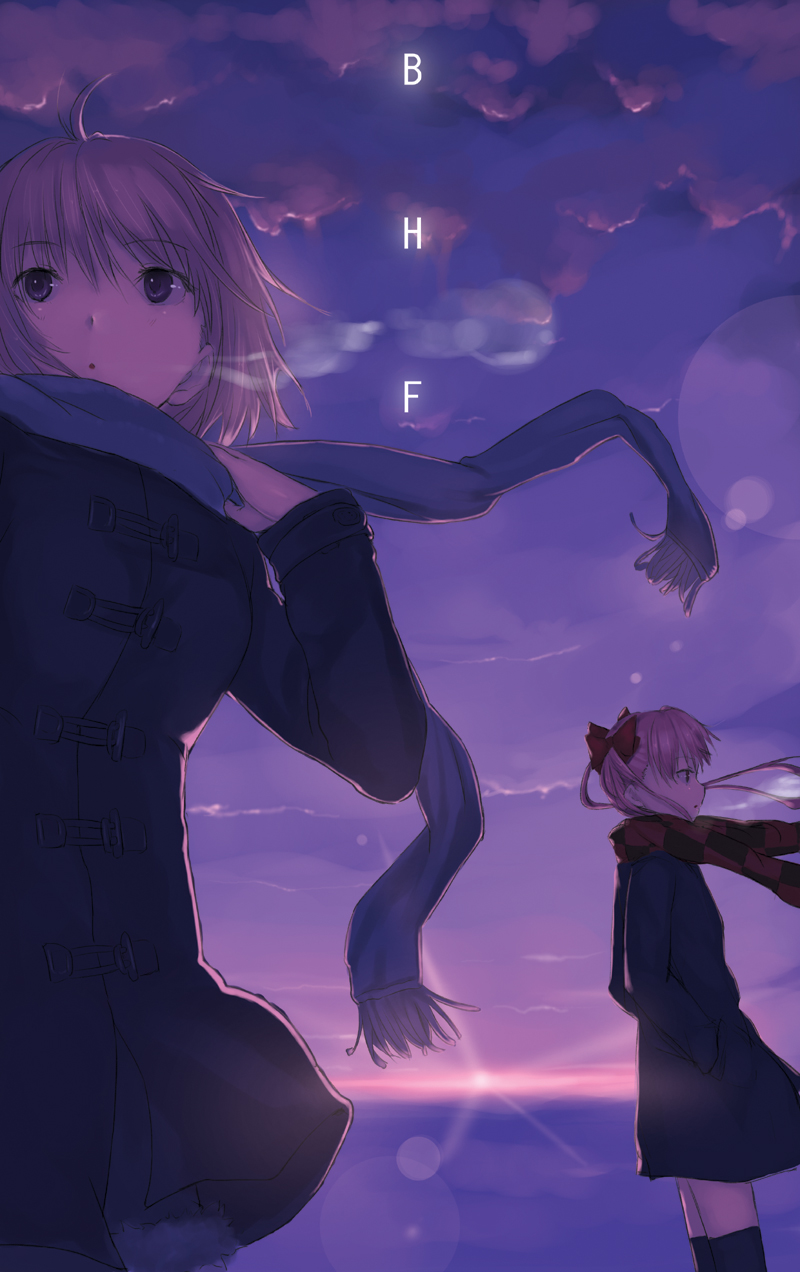 cior, misaka mikoto, shirai kuroko, toaru kagaku no railgun, toaru majutsu no index, highres, 00s, 2girls, breath, coat, female focus, multiple girls, outdoors, scarf, sky, thighhighs, twintails, zettai ryouiki