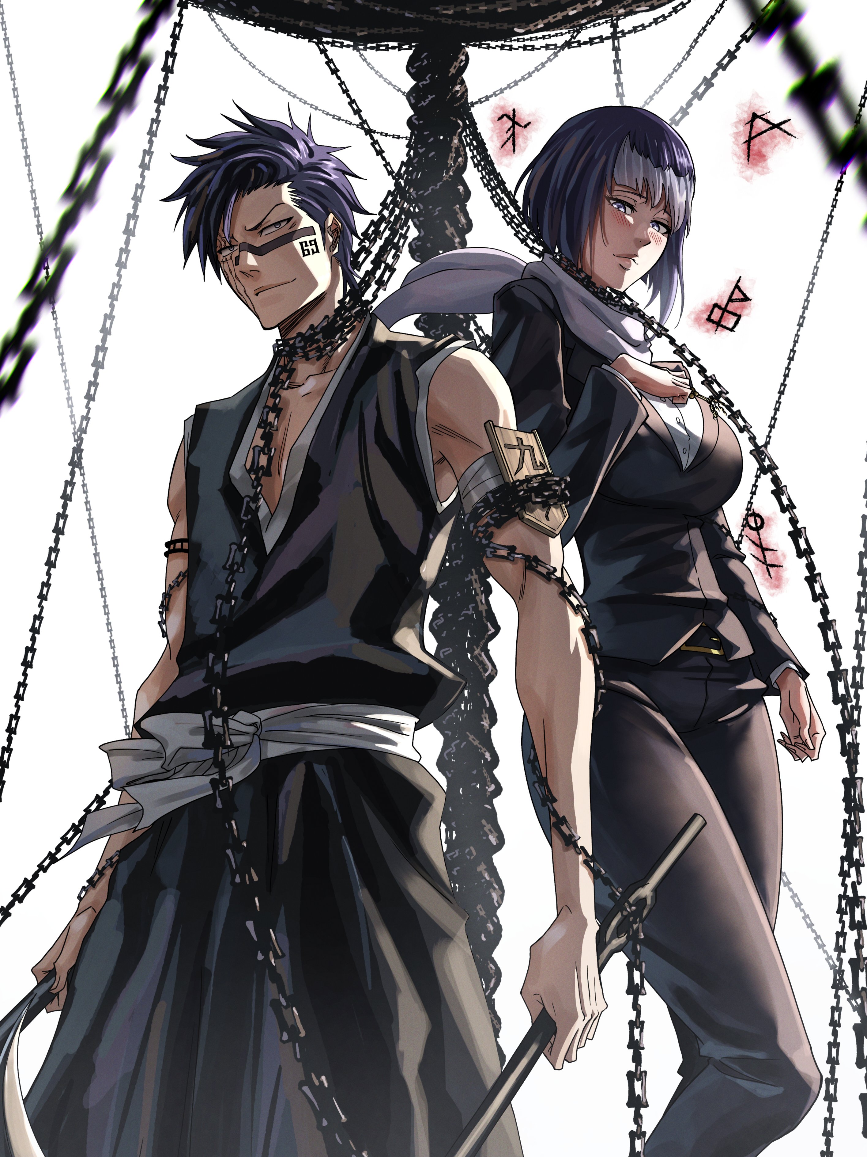 ririvart, hisagi shuuhei, michibane aura, bleach, bleach: can't fear your own world, absurdres, commission, highres, 1boy, 1girl, badge, bankai, bare shoulders, blush, breasts, chain, collarbone, facial mark, fukutaichou badge, holding, holding weapon, japanese clothes, kazeshini fushi no kojyo (bankai), large breasts, medium hair, pants, purple hair, scar, scar on face, scarf, shihakusho, short hair, simple background, weapon, white background