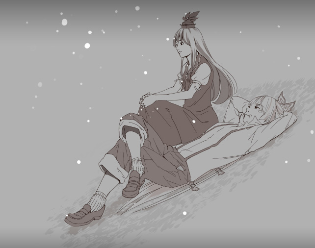 konton, fujiwara no mokou, kamishirasawa keine, touhou, 2girls, bow, brown theme, female focus, hair bow, hat, long hair, monochrome, multiple girls, pants, snow, suspenders