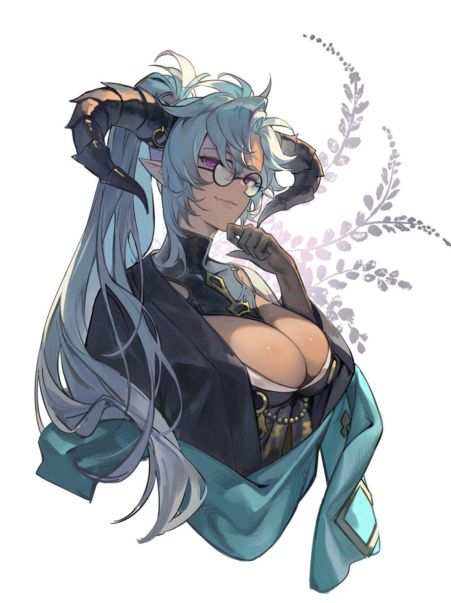 osamu (jagabata), highres, tagme, 1girl, breasts, cleavage, fang, glasses, large breasts, looking at viewer, simple background, smile, white background