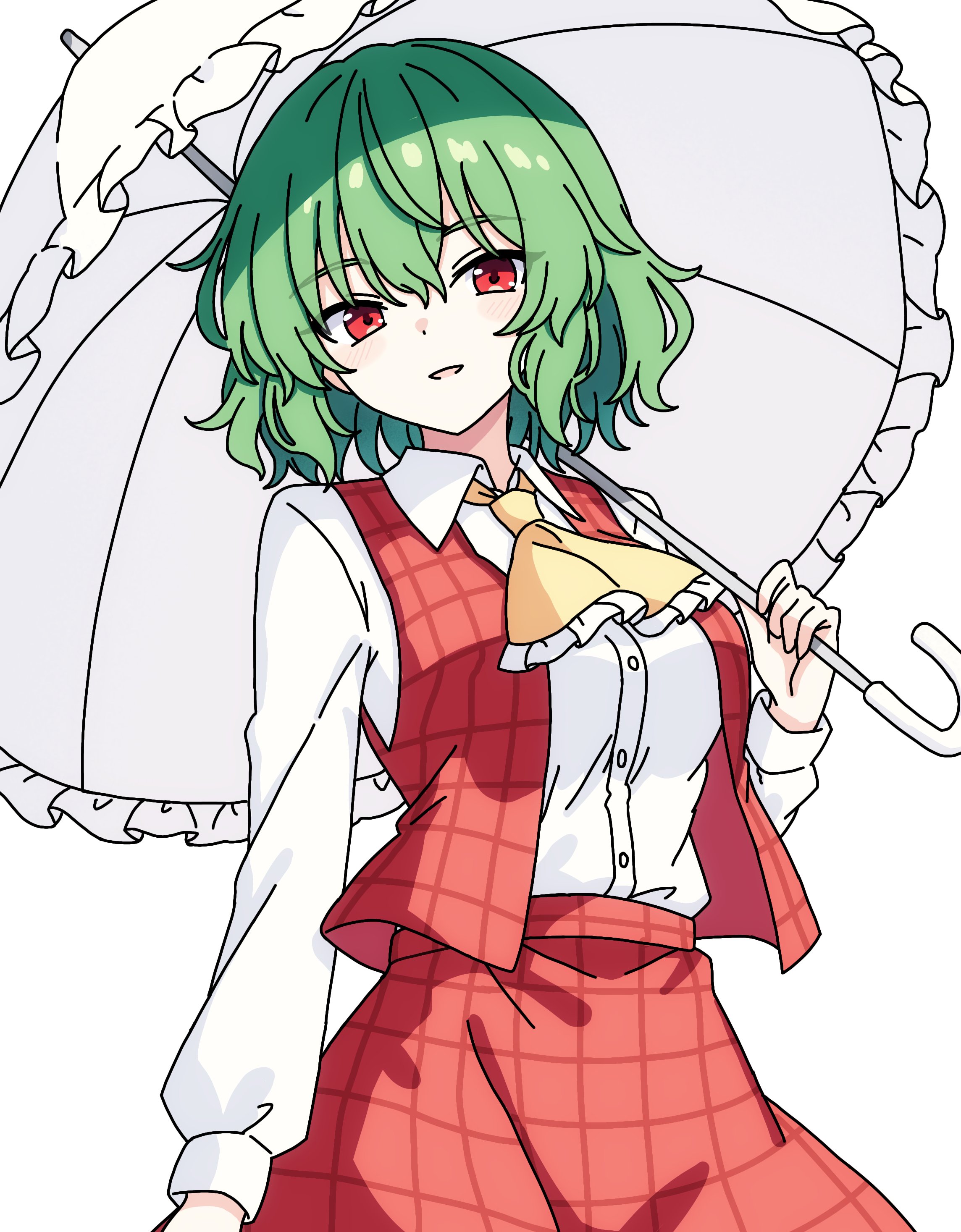 pioartstuff, kazami yuuka, touhou, absurdres, commentary request, highres, 1girl, ascot, buttons, collared shirt, green hair, holding, holding umbrella, light blush, long sleeves, plaid clothes, plaid skirt, plaid vest, red eyes, red skirt, red vest, shirt, short hair, skirt, skirt set, solo, umbrella, vest, white background, white shirt, yellow ascot