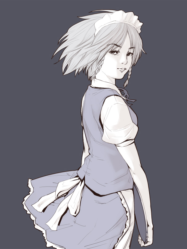 konton, izayoi sakuya, touhou, silver hair, 1girl, braid, female focus, maid, short hair, simple background, skirt, solo, twin braids