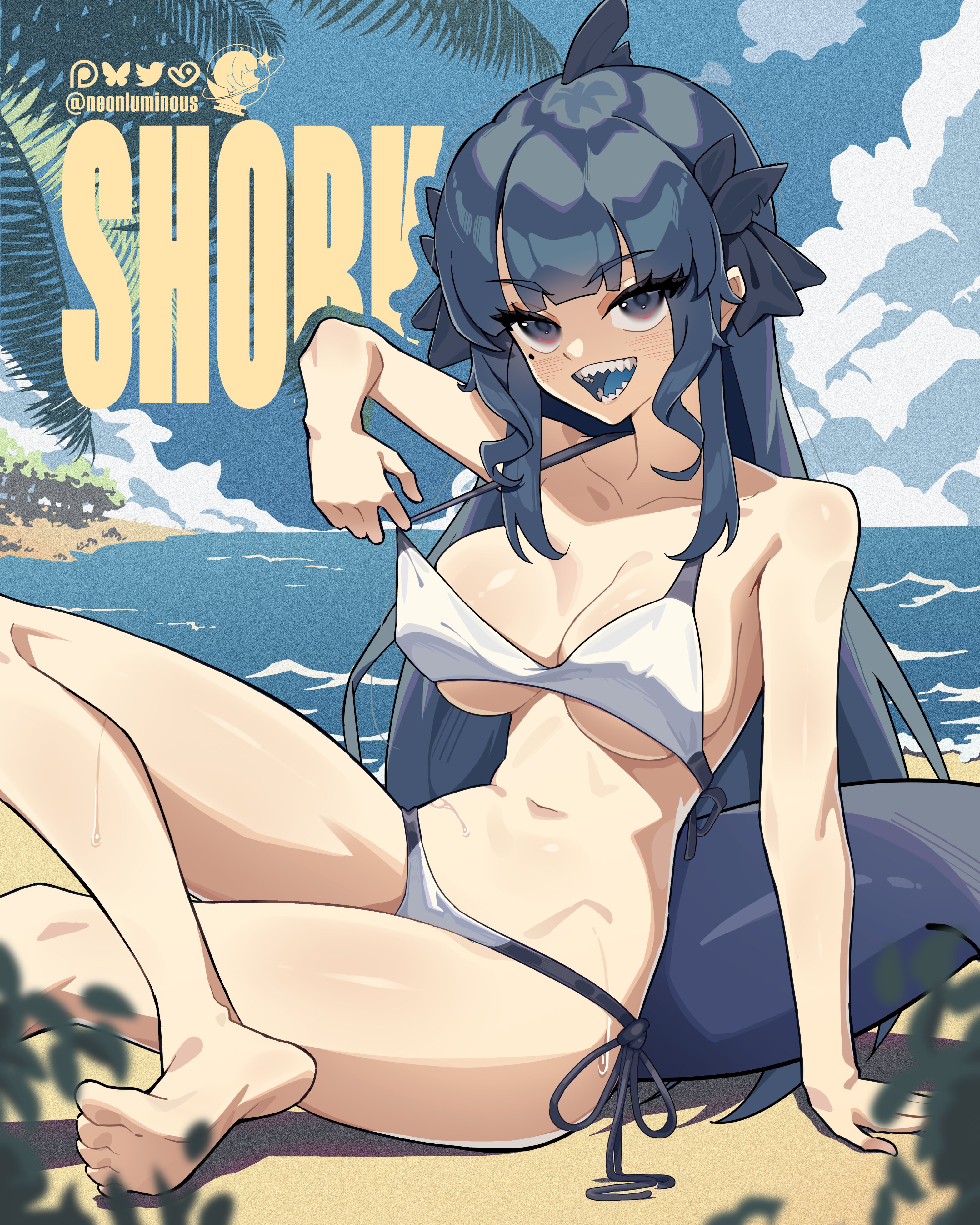neon luminous, artemis of the blue, indie virtual youtuber, absurdres, commentary, english commentary, highres, 1girl, barefoot, beach, bikini, bikini pull, blue sky, blue tongue, breasts, clothes pull, cloud, cloudy sky, colored tongue, feet, ocean, outdoors, sand, shark girl, sharp teeth, sky, stomach, sweat, swimsuit, teasing, teeth, thighs, tree, undressing, virtual youtuber, water, wet, white bikini