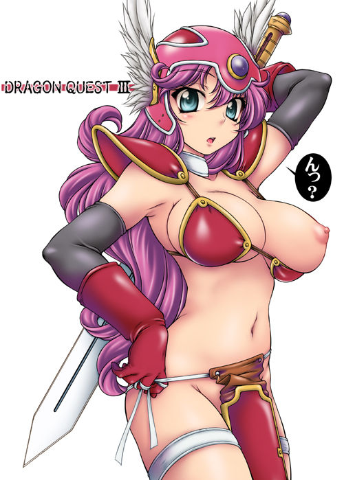 onizuka takuto, warrior (dq3), chunsoft, dragon quest, dragon quest iii, enix, bad id, bad pixiv id, 1girl, armor, bikini armor, blue eyes, breast slip, breasts, copyright name, elbow gloves, female focus, gloves, helmet, large breasts, long hair, nipples, no panties, one breast out, purple hair, red armor, solo, sword, wardrobe malfunction, weapon, white background