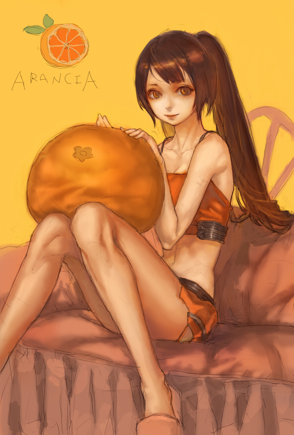 munashichi, arancia, original, bad id, bad pixiv id, 1girl, brown eyes, brown hair, female focus, food, fruit, holding, holding food, holding fruit, legs, lips, orange (fruit), orange skirt, ponytail, skirt, solo