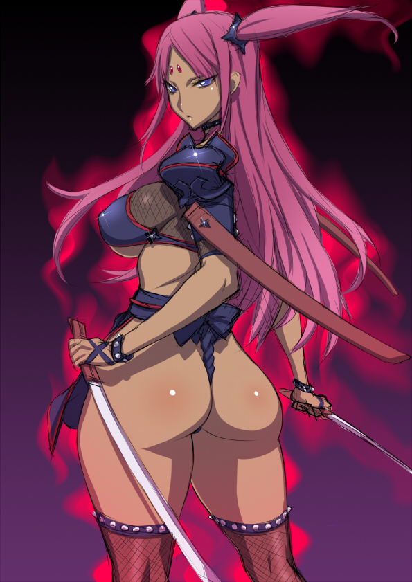 uno makoto, vera bowman, youzetsurinjin chi vera bowman, 1girl, armor, ass, aura, back, blue eyes, bracelet, breasts, choker, collar, covered erect nipples, crop top, curvy, dark-skinned female, dark skin, dual wielding, facial mark, fishnet thighhighs, fishnets, forehead mark, from behind, fundoshi, glint, glowing, hair ornament, holding, japanese clothes, jewelry, katana, large breasts, long hair, looking back, ninja, pauldrons, pink hair, short twintails, shoulder armor, shuriken, simple background, sword, thighhighs, twintails, underboob, weapon, wide hips