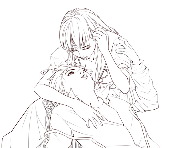 konton, fujiwara no mokou, kamishirasawa keine, touhou, 2girls, female focus, greyscale, long hair, monochrome, multiple girls, simple background, suspenders, upper body, white background, yuri