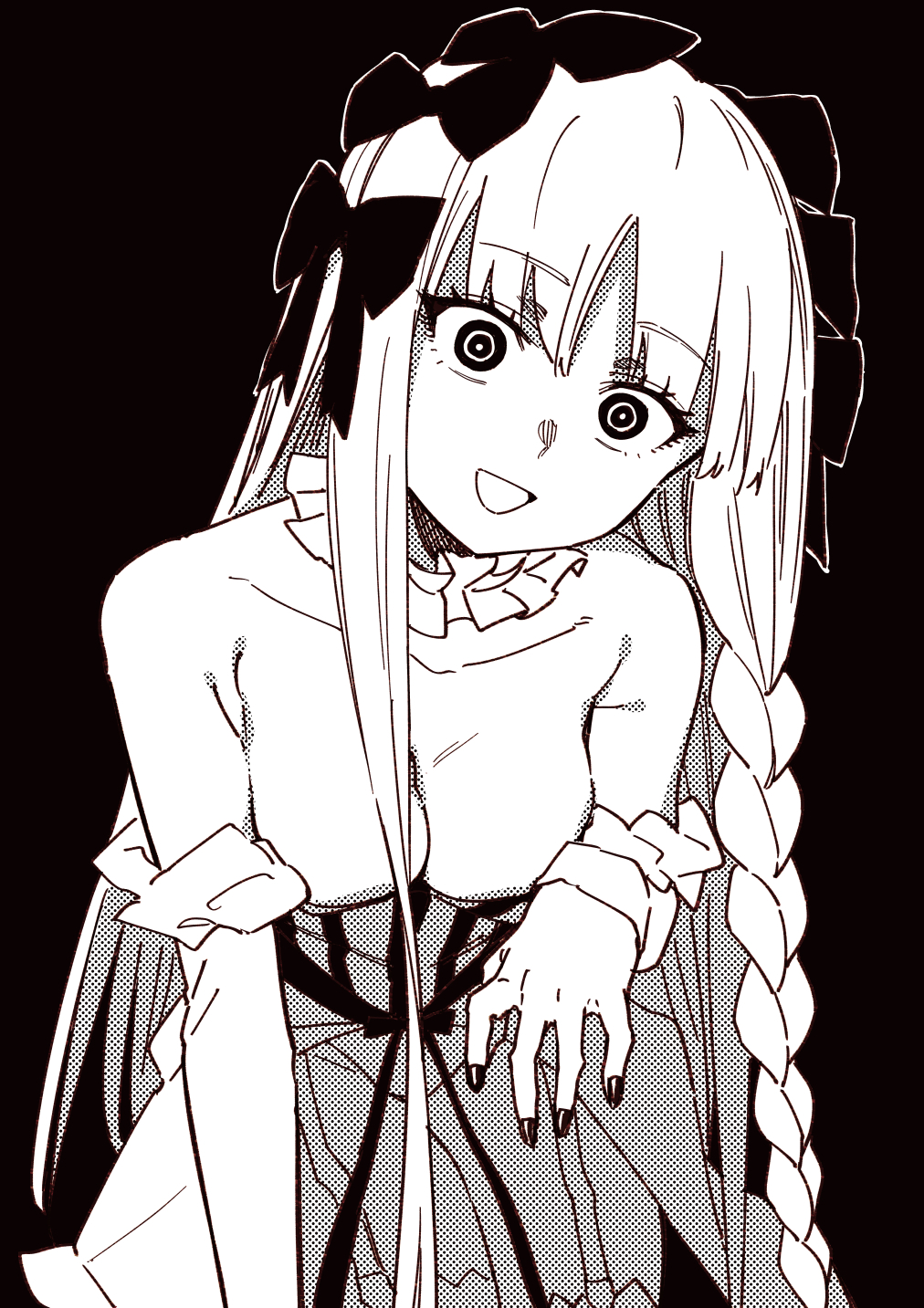 hirunagi, francesca prelati (fate), fate/strange fake, fate (series), commentary request, highres, 1girl, bare shoulders, bow, braid, breasts, collar, collarbone, detached sleeves, dress, frilled collar, frills, greyscale, hair bow, long hair, looking at viewer, medium breasts, monochrome, open mouth, parted bangs, ringed eyes, sidelocks, smile, solo, striped clothes, striped dress