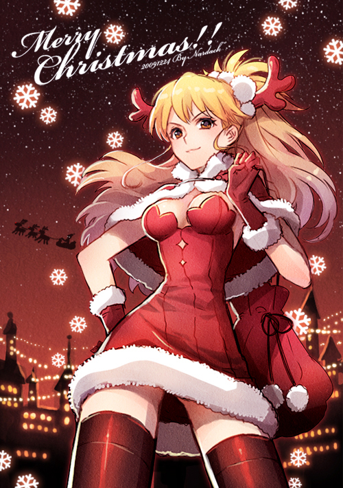 nardack, original, 1girl, antlers, breasts, christmas, cleavage, female focus, hand on own hip, horns, medium breasts, outdoors, santa costume, sky, solo, thighhighs