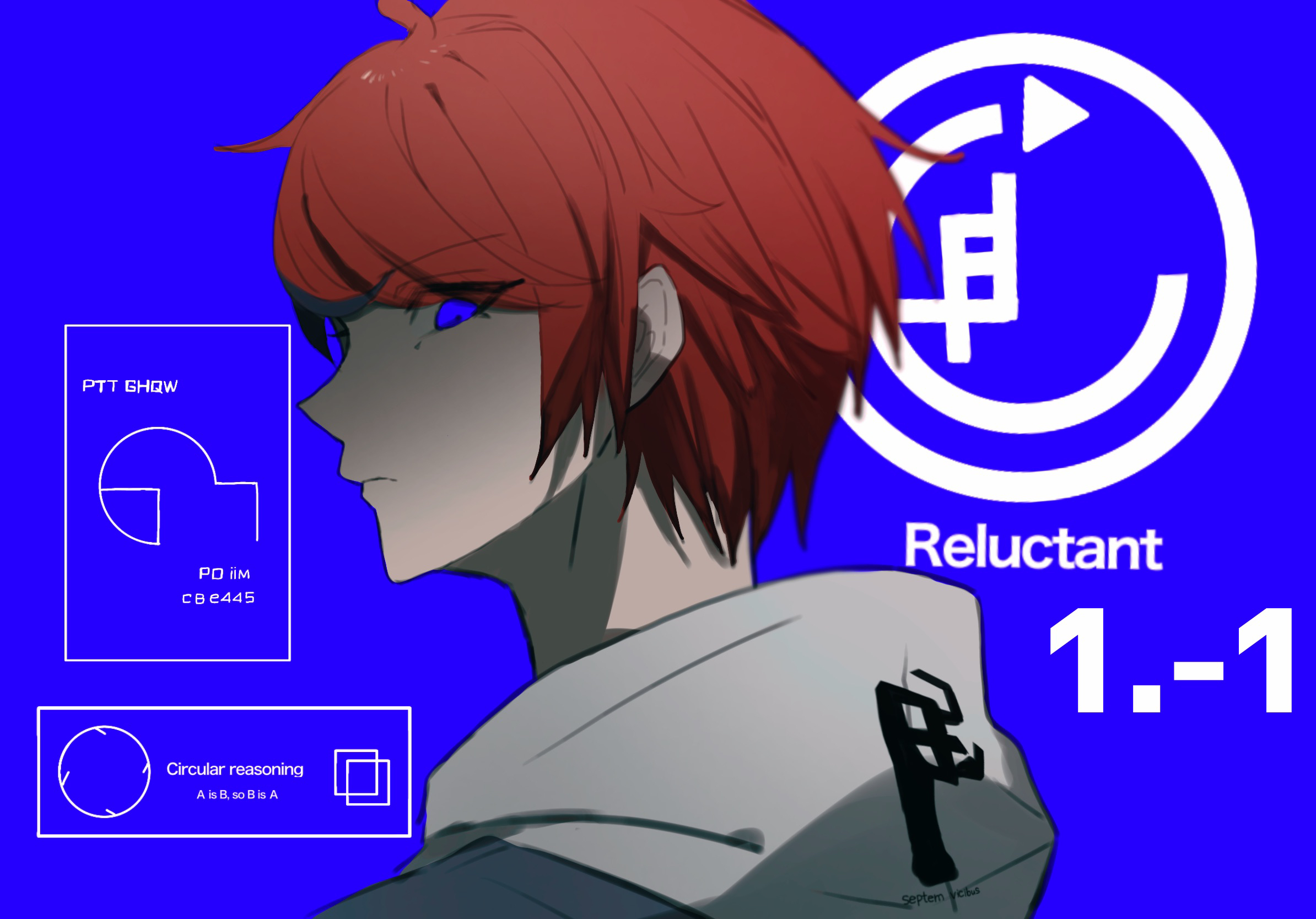 oniku (3 tg a), sumino takumi, the hundred line -last defense academy-, commentary request, highres, 1boy, black hair, blue background, blue eyes, closed mouth, english text, grey jacket, hood, hood down, jacket, male focus, multicolored hair, portrait, red hair, short hair, simple background, solo, streaked hair, two-tone hair