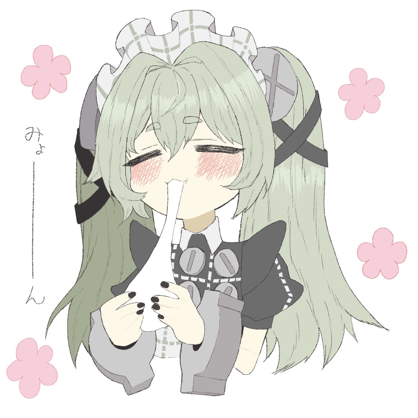 corin wickes, zenless zone zero, commentary request, highres, 1girl, blush, closed eyes, cuffs, eating, feesmmsn, flower, green hair, hair between eyes, hairband, handcuffs, maid, screw, simple background, twintails, white background