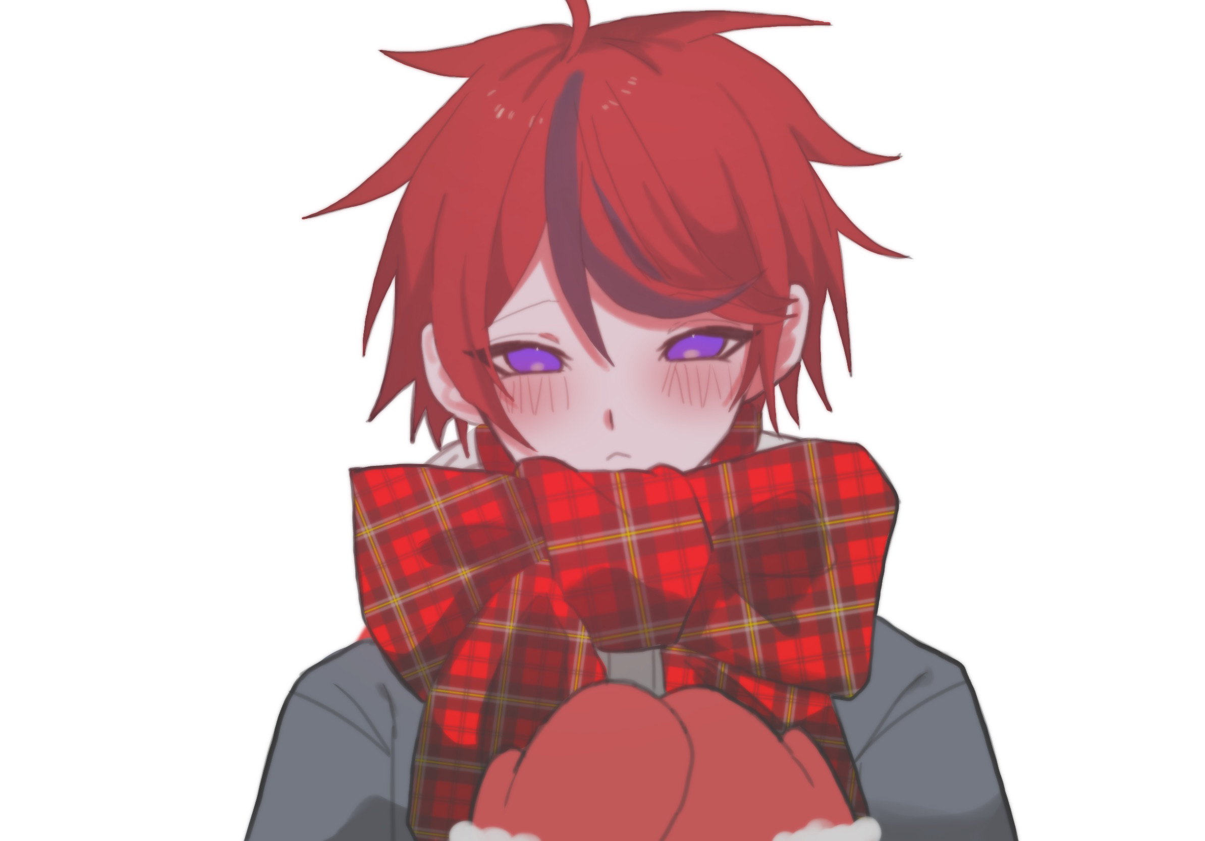 oniku (3 tg a), sumino takumi, the hundred line -last defense academy-, commentary request, highres, 1boy, :<, ahoge, alternate costume, black hair, blue eyes, blush, closed mouth, fur-trimmed mittens, fur trim, grey jacket, hair between eyes, hands on own chest, jacket, looking at viewer, male focus, mittens, multicolored hair, plaid clothes, plaid scarf, red hair, red mittens, red scarf, scarf, short hair, simple background, solo, streaked hair, two-tone hair, upper body, white background