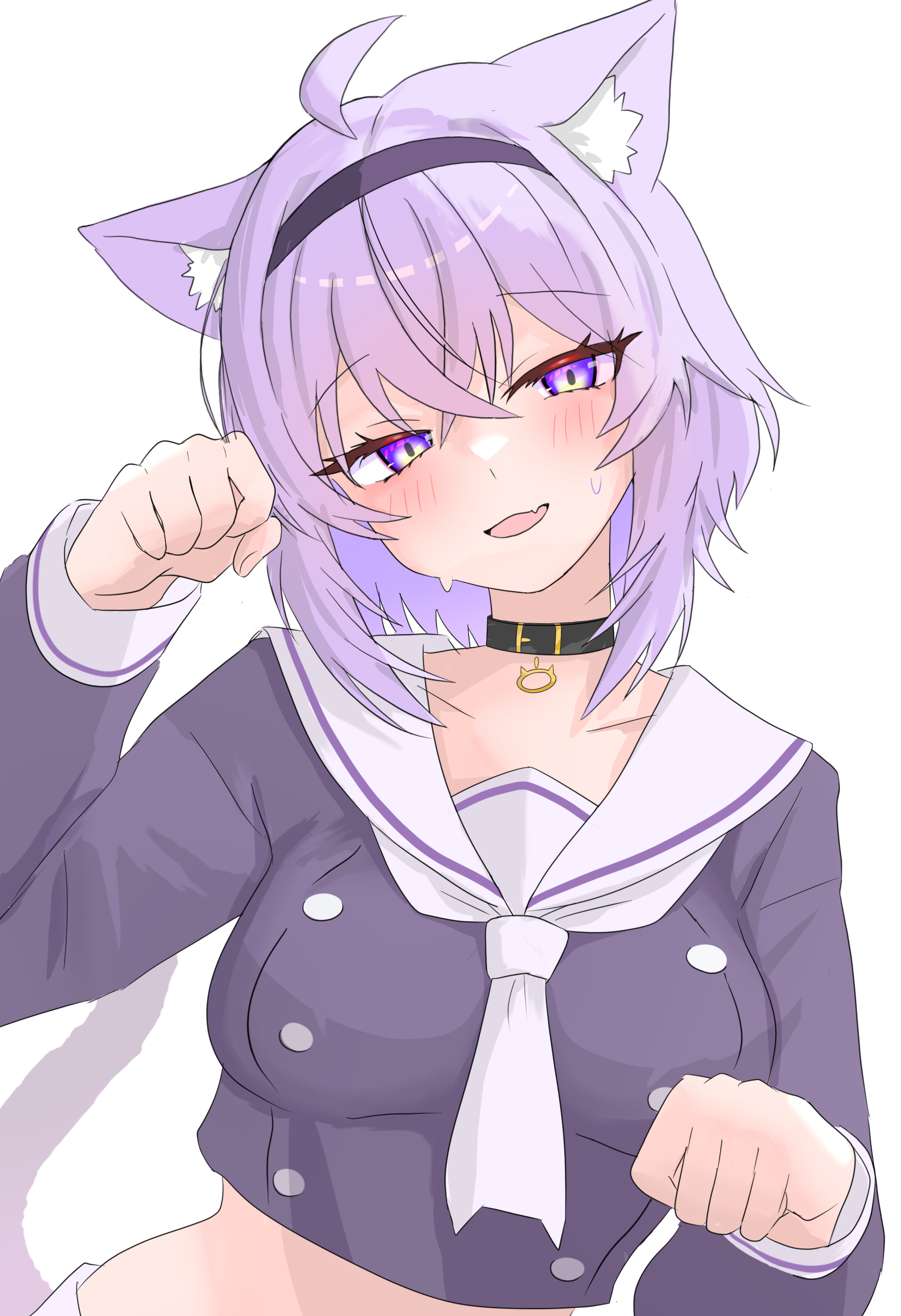 warg game, nekomata okayu, hololive, absurdres, highres, 1girl, animal ear fluff, animal ears, blush, breasts, cat ears, cat girl, collarbone, cropped shirt, eyelashes, fang, large breasts, parted lips, purple eyes, purple hair, purple shirt, shirt, simple background, skin fang, smile, solo, upper body, virtual youtuber, white background