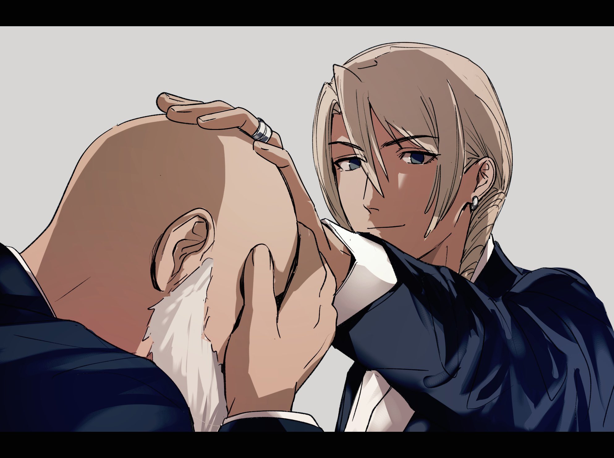 amikoiiko, klavier gavin, the judge (ace attorney), ace attorney, apollo justice: ace attorney, cosplay request, derivative work, highres, screenshot redraw, 2boys, alternate costume, bald, beard, blonde hair, blue eyes, closed mouth, collared shirt, crying, dark-skinned male, dark skin, drill hair, earrings, facial hair, facing another, facing down, fingernails, formal clothes, hand on another's head, hand on own face, jacket, jewelry, letterboxed, light smile, long sleeves, looking at another, male focus, meet joe black, mismatched eyebrows, multiple boys, portrait, shirt, simple background, suit, suit jacket, white background, white shirt