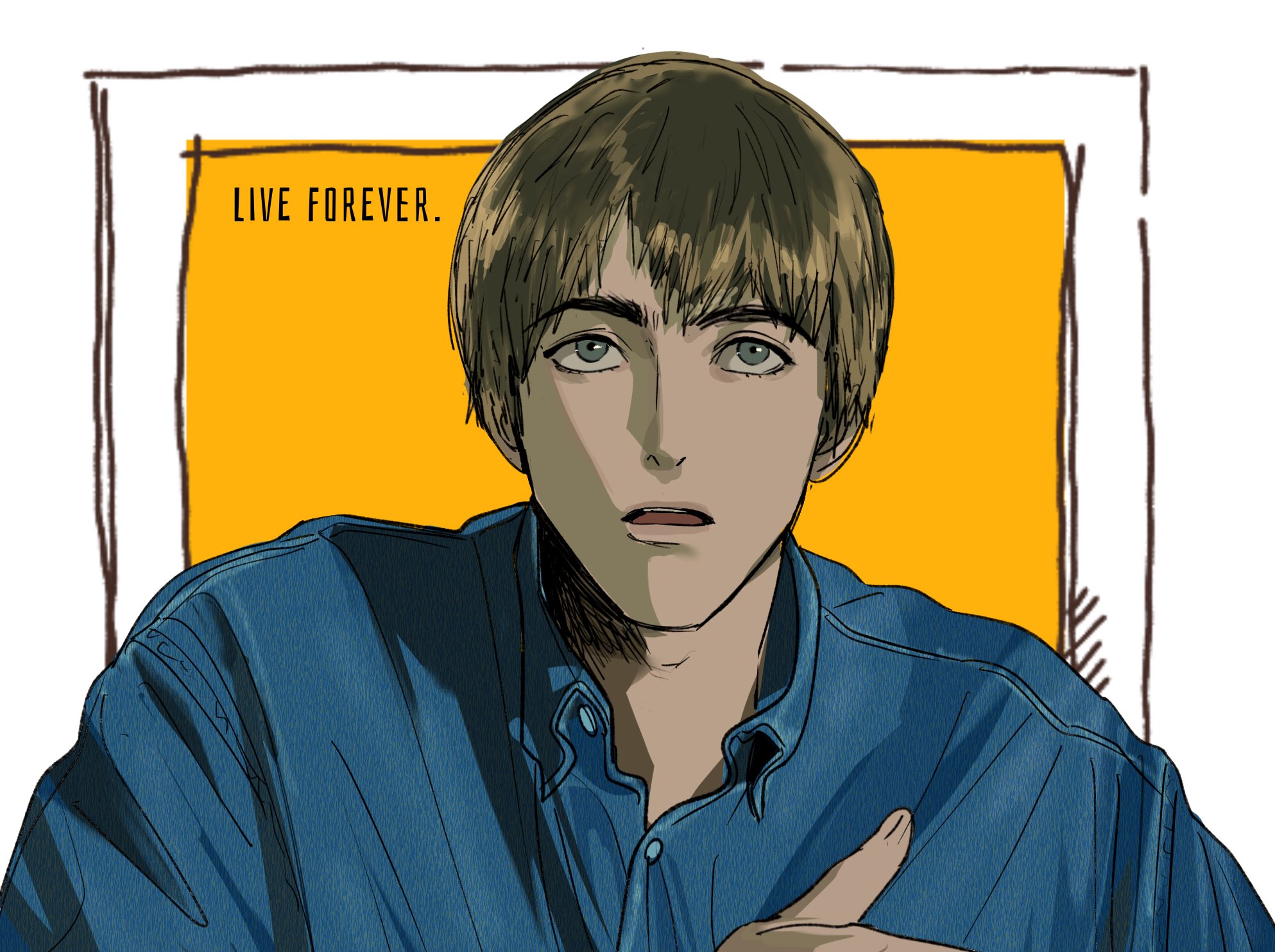 amikoiiko, oasis (band), commentary, english commentary, highres, blue eyes, blue shirt, brown hair, choppy bangs, dress shirt, english text, fingernails, hand on own chest, liam gallagher, long sleeves, looking up, male focus, mismatched eyebrows, open mouth, pink lips, portrait, shirt, short hair, simple background, song name, straight-on, teeth, thick eyebrows, tongue, two-tone background, upper teeth only, white background, yellow background