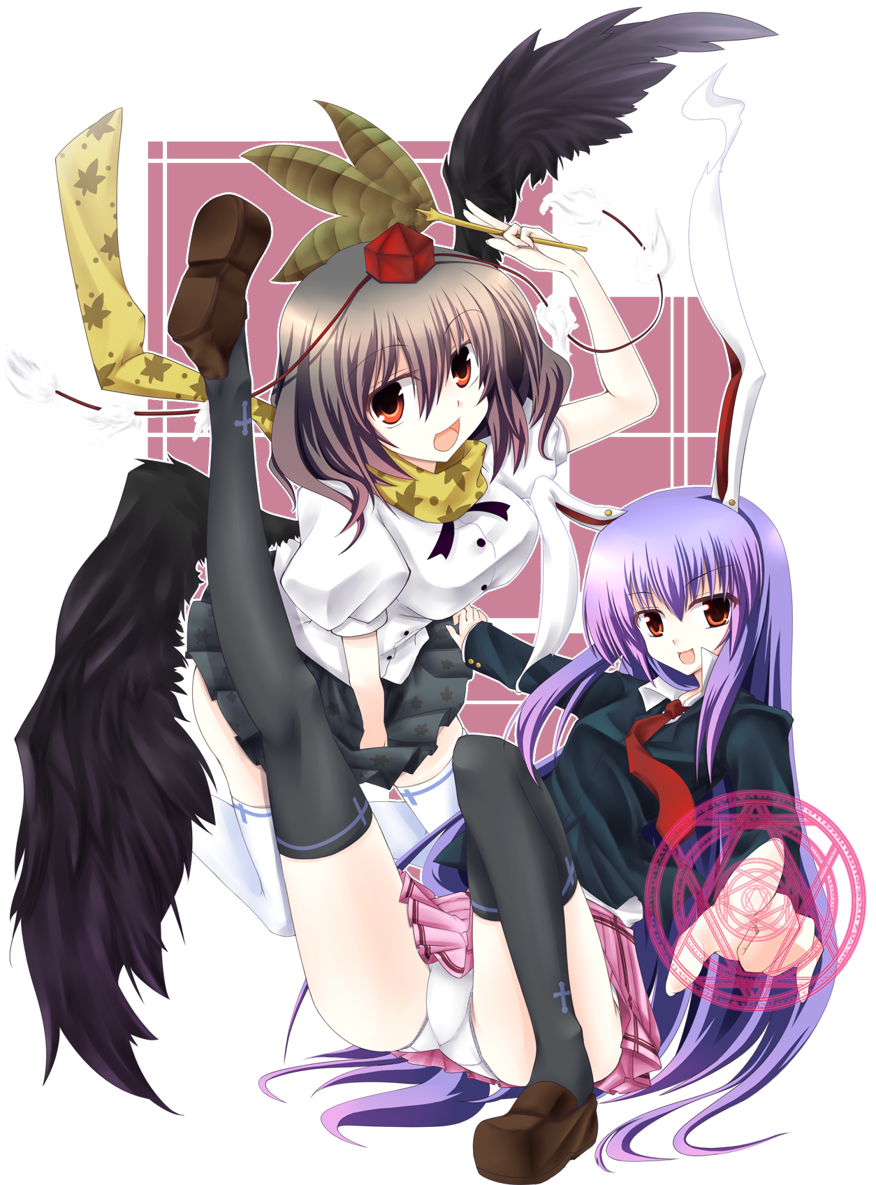 hamo tosaka, reisen udongein inaba, shameimaru aya, touhou, highres, 2girls, animal ears, black hair, black thighhighs, black wings, blue hair, breasts, female focus, hat, large breasts, magic circle, multiple girls, necktie, panties, pantyshot, pleated skirt, rabbit ears, red eyes, scarf, short hair, skirt, thighhighs, tokin hat, underwear, white thighhighs, wings, zettai ryouiki
