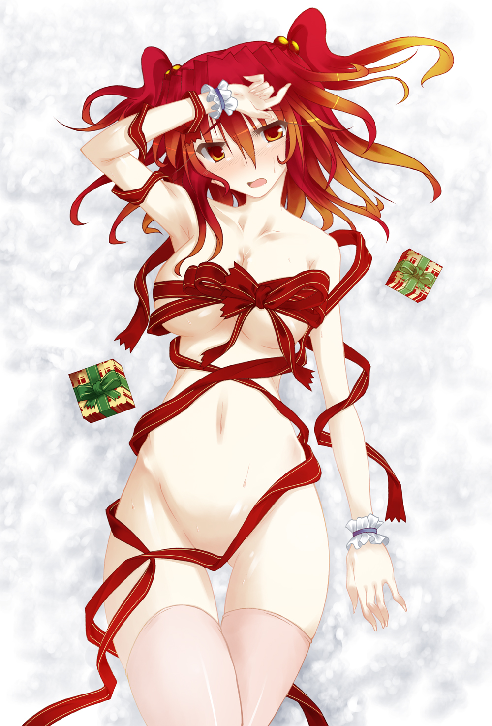 fuyuno taka, onozuka komachi, touhou, bad id, bad pixiv id, highres, 1girl, blush, breasts, female focus, gift, hair bobbles, hair ornament, large breasts, naked ribbon, navel, nude, pink thighhighs, red eyes, red hair, ribbon, short hair, solo, thighhighs, twintails, two side up, wrist cuffs