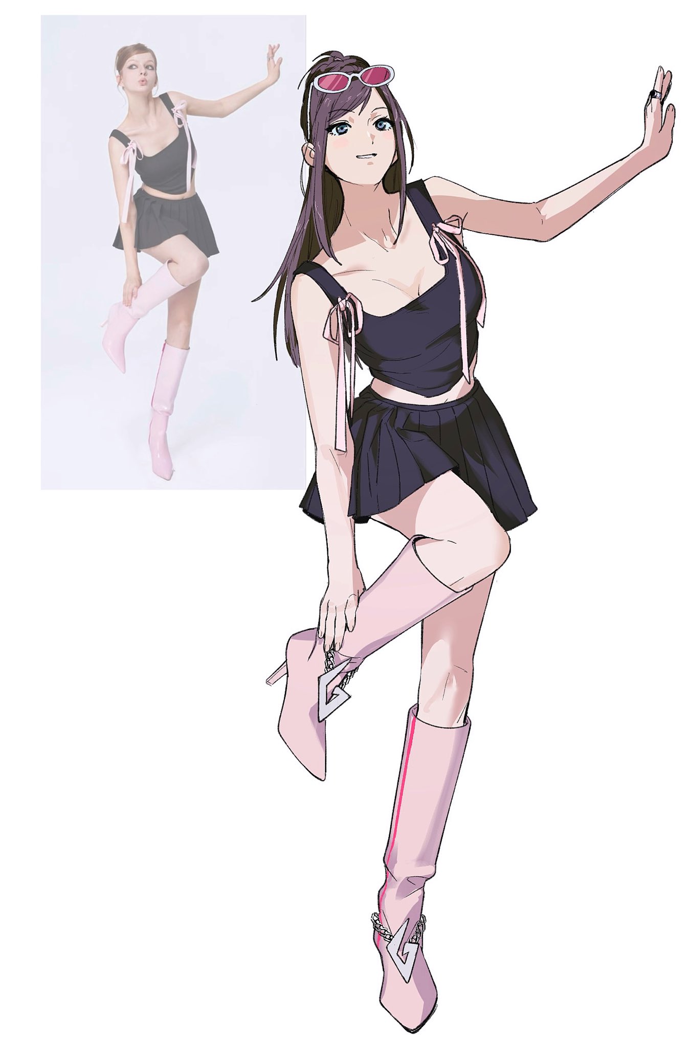 amikoiiko, ema skye, klavier gavin, ace attorney, apollo justice: ace attorney, highres, photo-referenced, reference photo, 1girl, anklet, black skirt, black tank top, blue eyes, boots, breasts, brown hair, chain, cleavage, collarbone, crop top, eyewear on head, fingernails, glasses, half updo, hand on own ankle, high heel boots, high heels, index ring, initial, jewelry, knee boots, leg up, long hair, long ribbon, looking at viewer, midriff, navel, pink boots, pink ribbon, pleated skirt, reference inset, ribbon, round eyewear, shirt ribbon, simple background, skirt, smile, solo, sunglasses, tank top, tinted eyewear, white-framed eyewear, white background