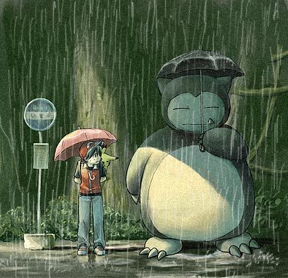 pikachu, red (pokemon), snorlax, nintendo, pokemon, pokemon adventures, studio ghibli, tonari no totoro, lowres, 1boy, bus stop, carrying, fang, fang out, gen 1 pokemon, hat, holding, holding umbrella, outdoors, parody, piggyback, pokemon (creature), rain, red hat, standing, totoro bus stop, umbrella